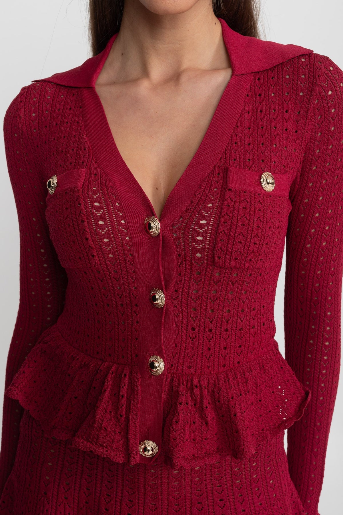 Pointelle Knit Long Sleeve Peplum Mini Dress with Gold Buttons – Dark Red – view 6