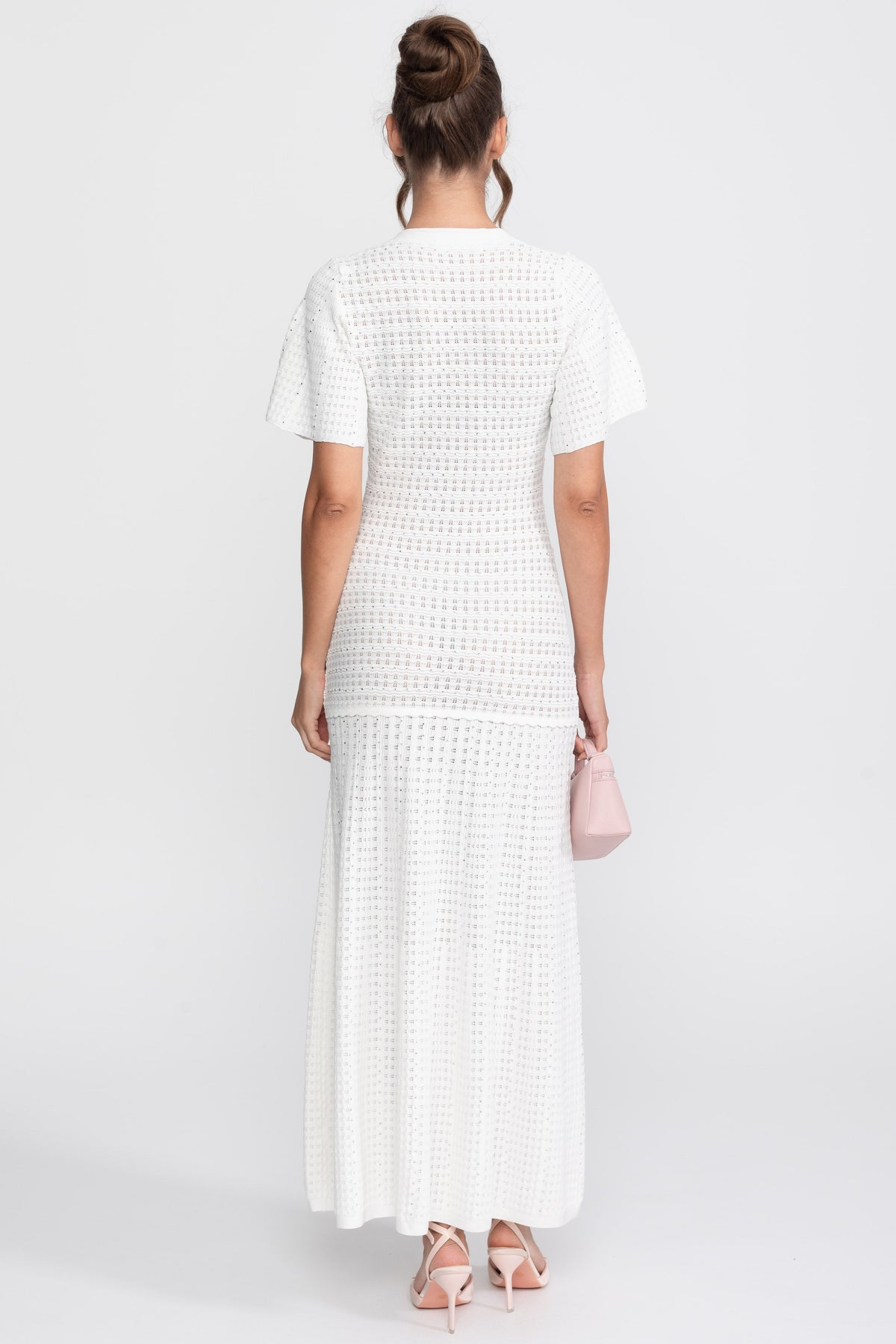 Shimmer Knit Button Front Midi Dress with Pleated Skirt – White – view 8
