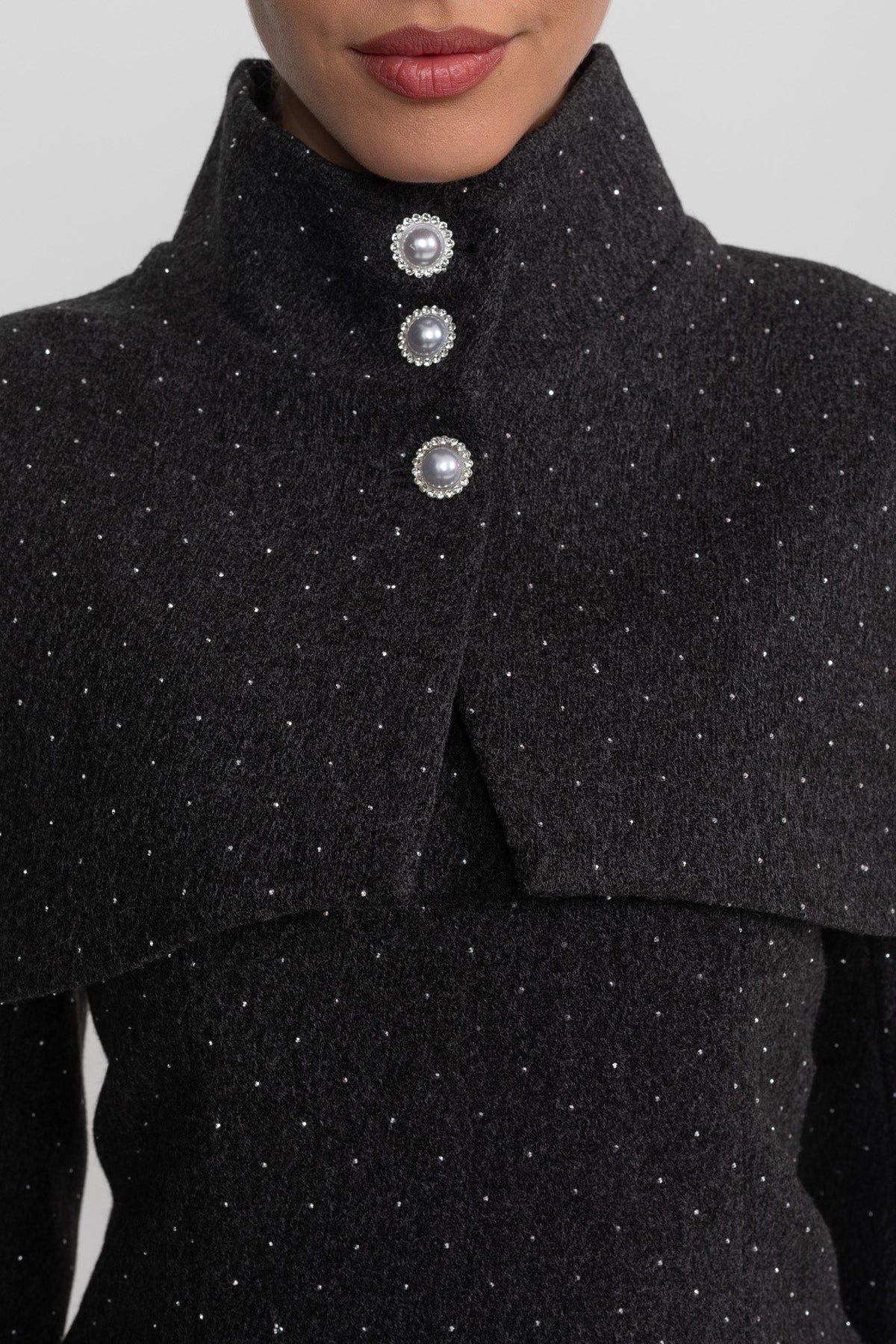 Long Sleeve Mini Dress with Stand Collar and Detachable Cape – Charcoal