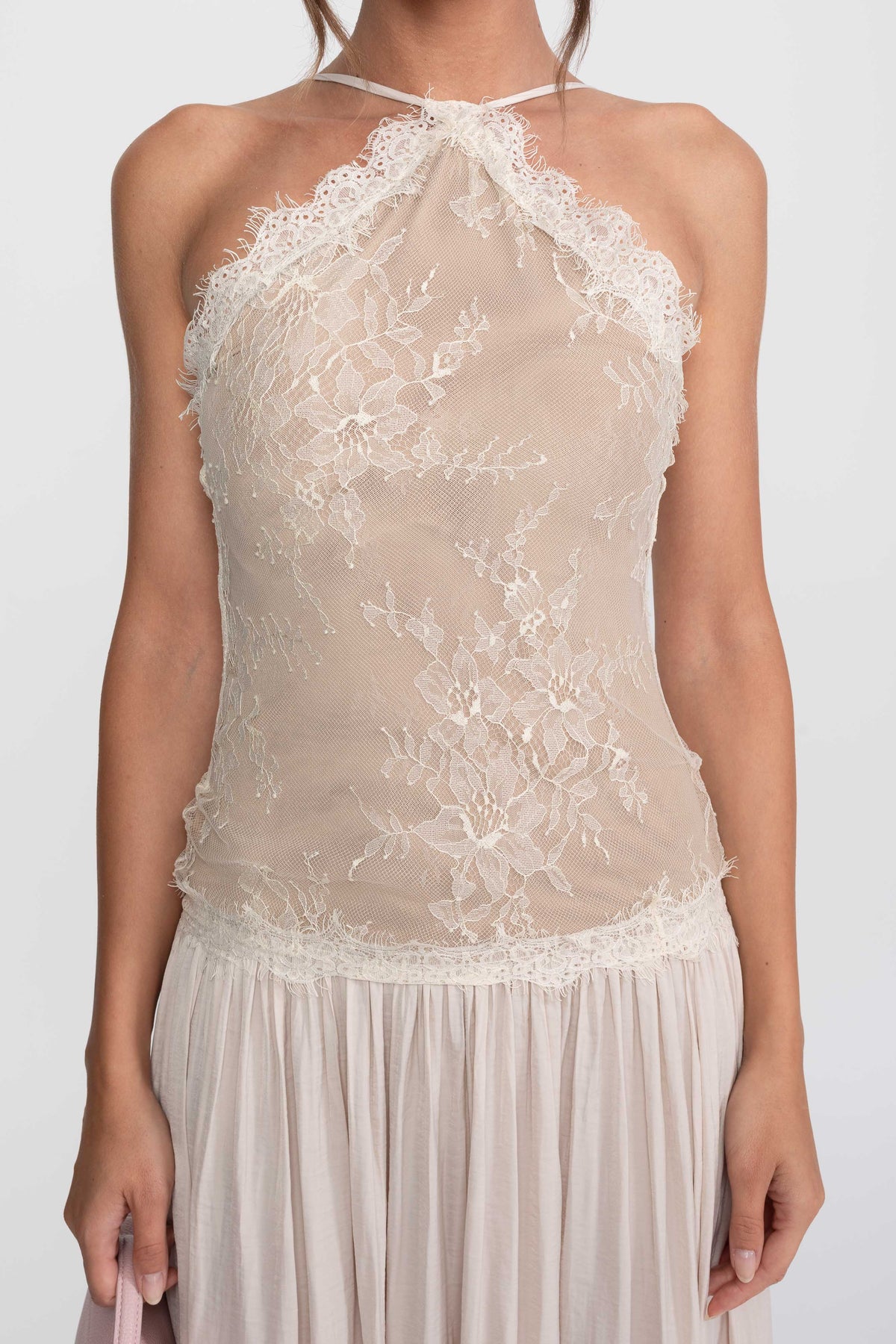 Lace Halter Sleeveless Maxi Dress with Pleated Skirt – Cream