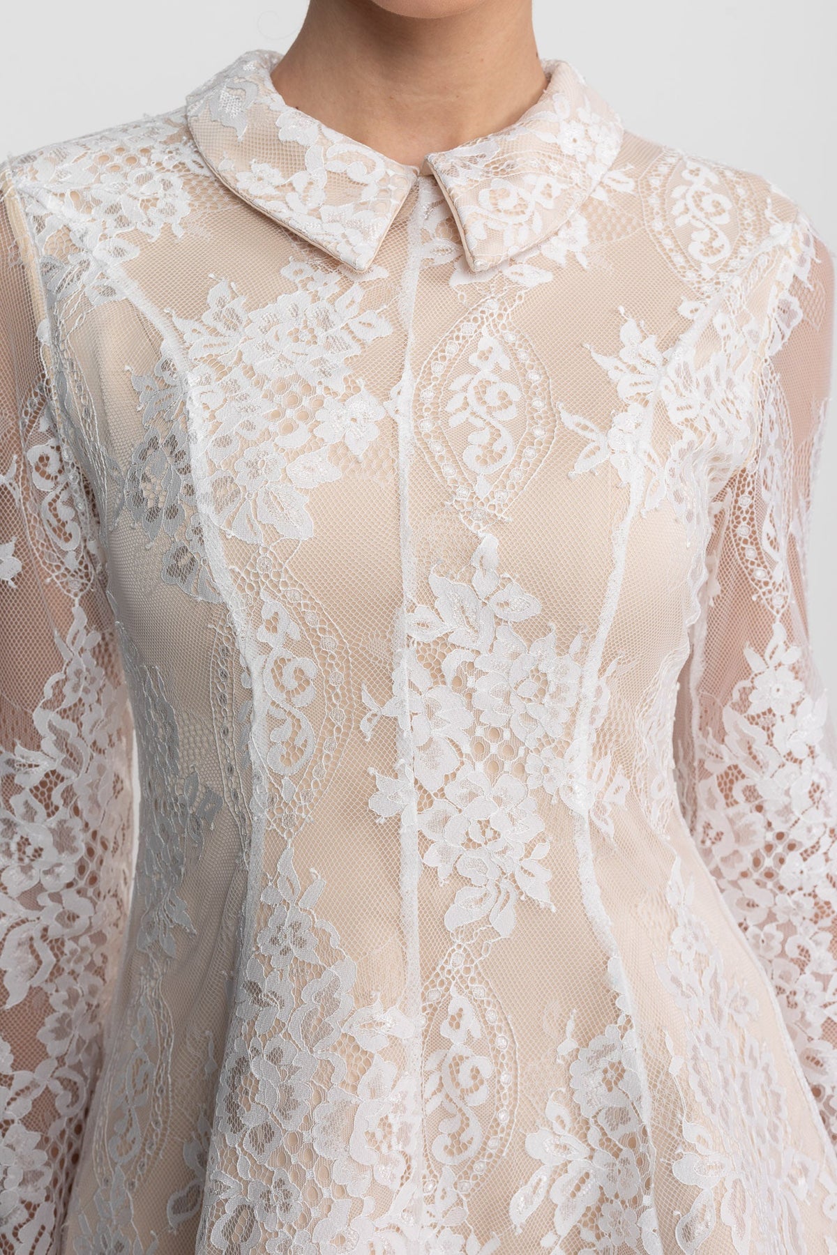Long Sleeve Lace Collared Mini Dress with Sheer Overlay – Ivory