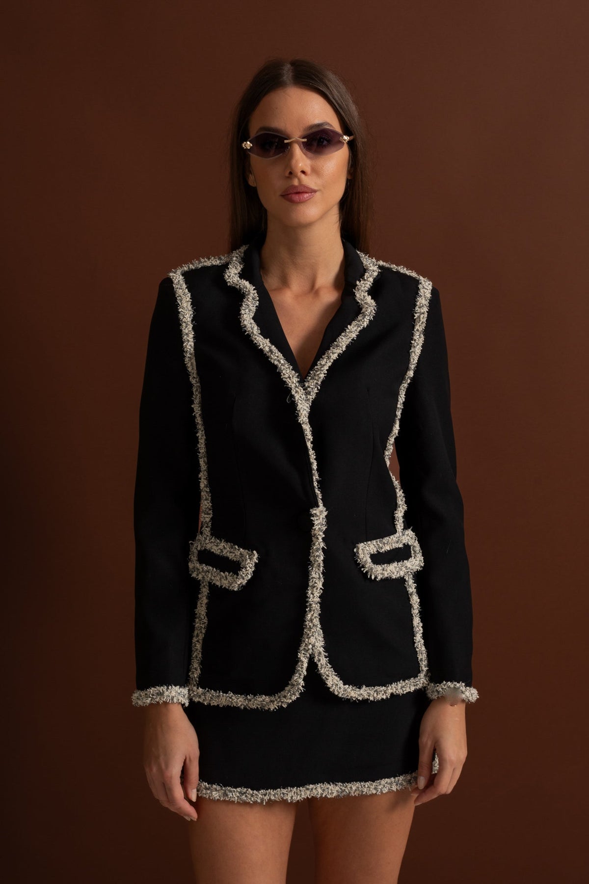Sparkling Tweed Trim Peak Lapel Blazer and Mini Skirt Set – Black – view 7