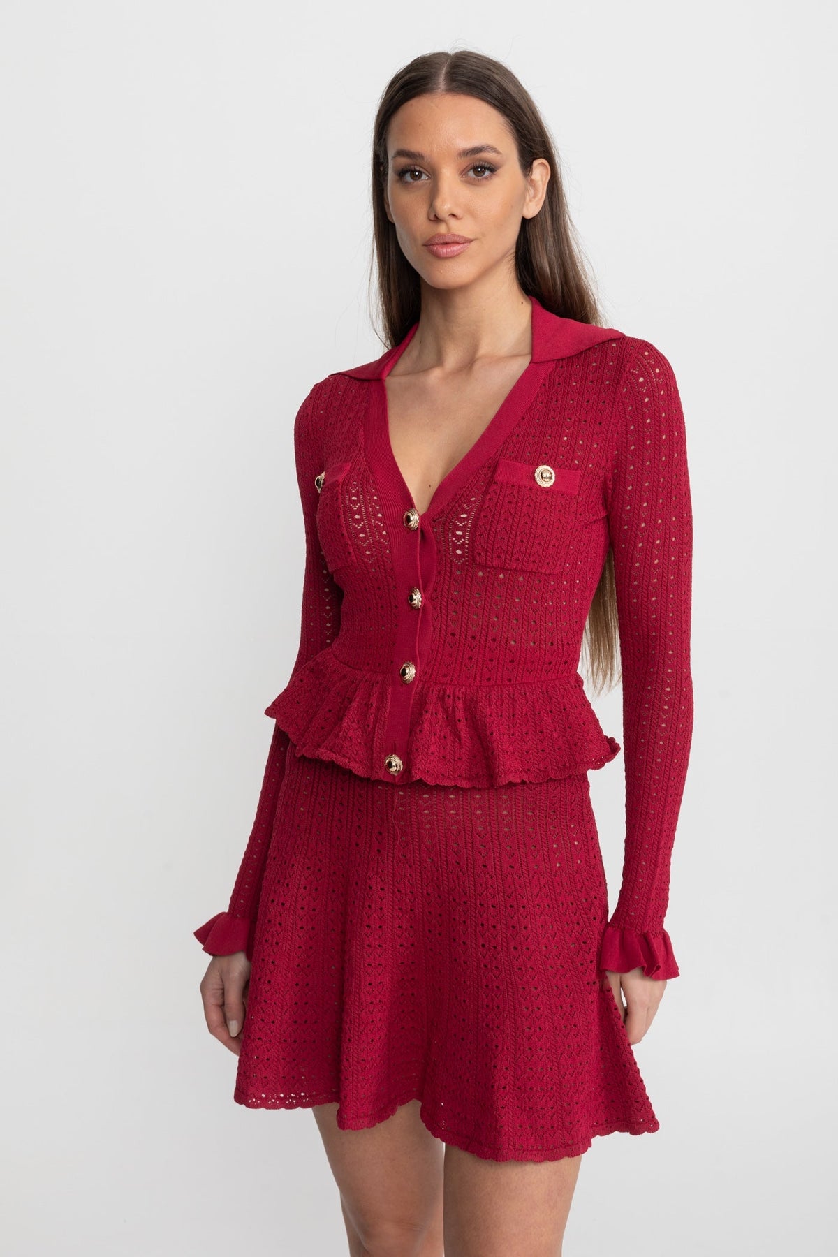 Pointelle Knit Long Sleeve Peplum Mini Dress with Gold Buttons – Dark Red – view 4