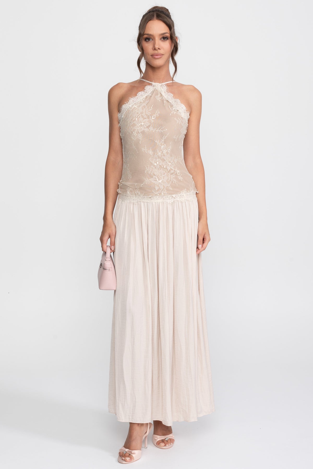 Lace Halter Sleeveless Maxi Dress with Pleated Skirt – Cream – view 2