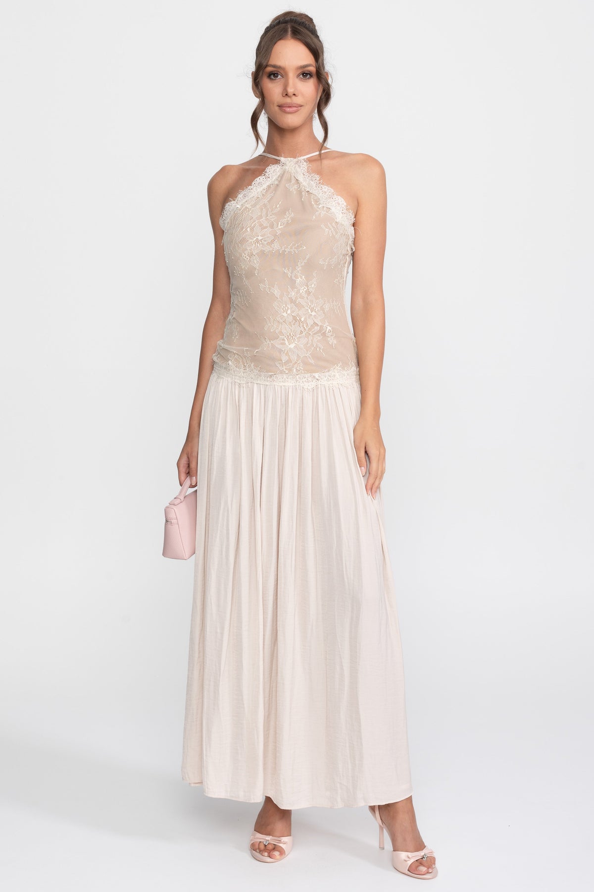 Lace Halter Sleeveless Maxi Dress with Pleated Skirt – Cream