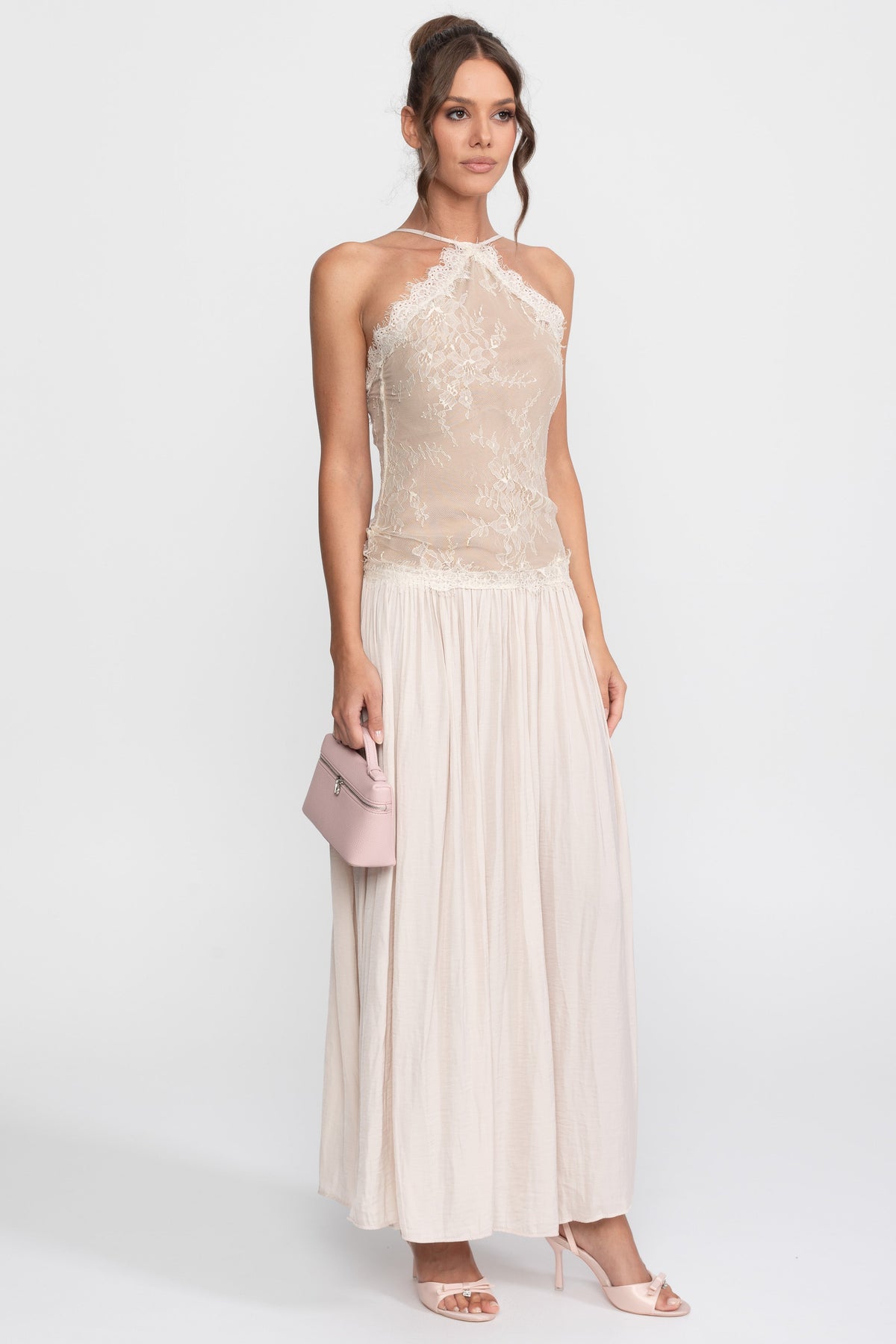 Lace Halter Sleeveless Maxi Dress with Pleated Skirt – Cream