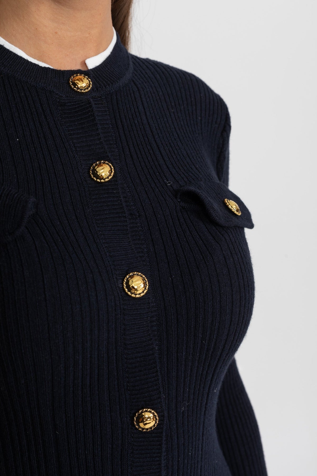Long Sleeve Ribbed Knit Midi Dress with Gold Buttons and Belt – Dark Blue – view 7