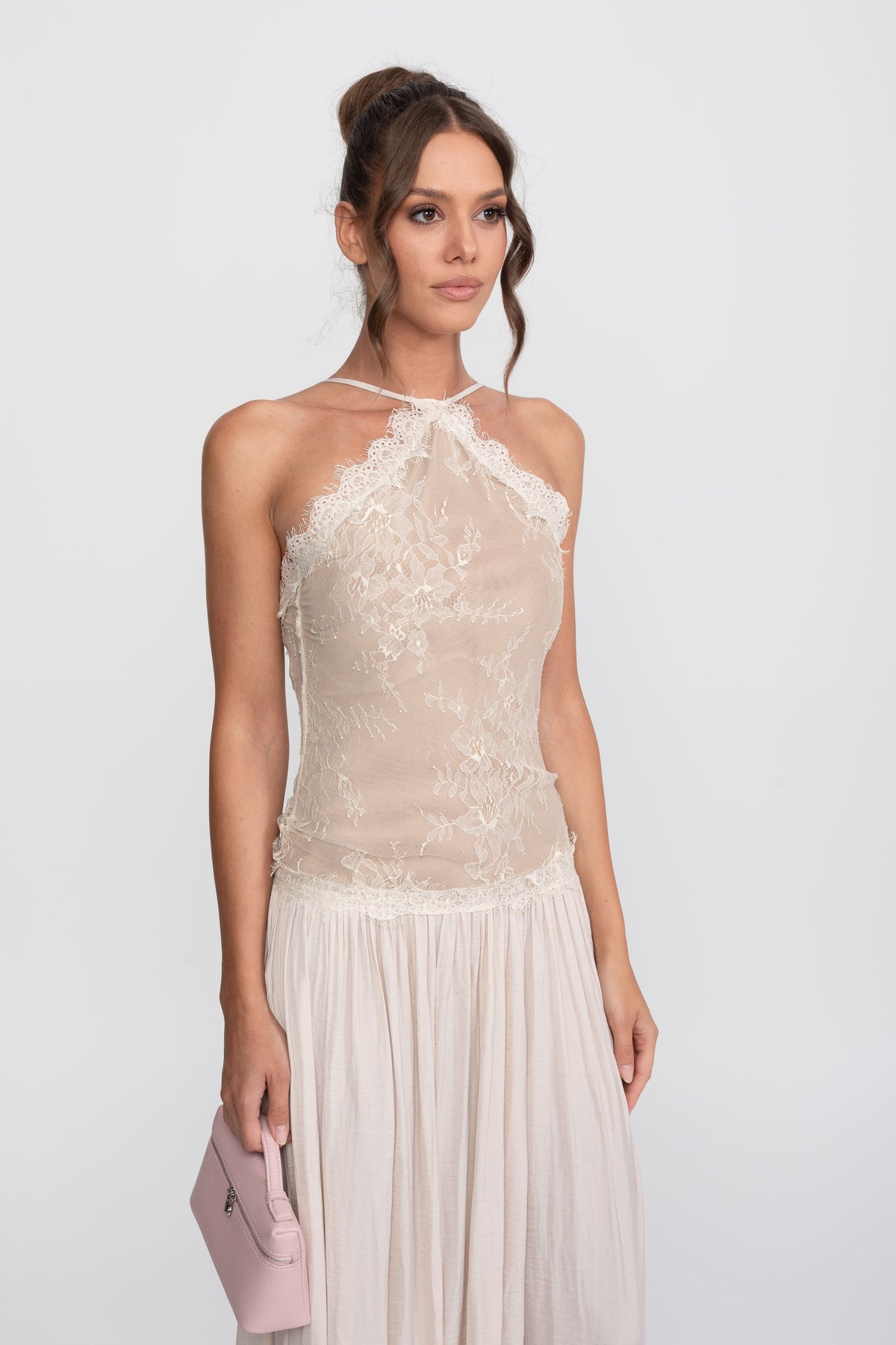 Lace Halter Sleeveless Maxi Dress with Pleated Skirt – Cream – view 5