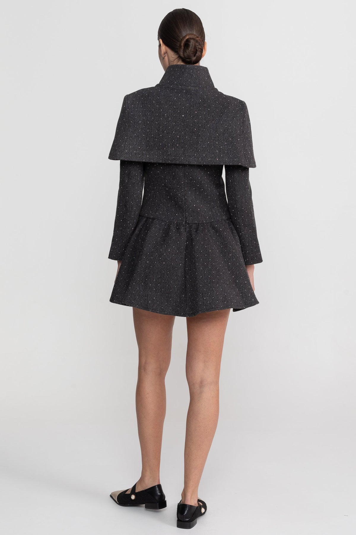 Long Sleeve Mini Dress with Stand Collar and Detachable Cape – Charcoal – view 7
