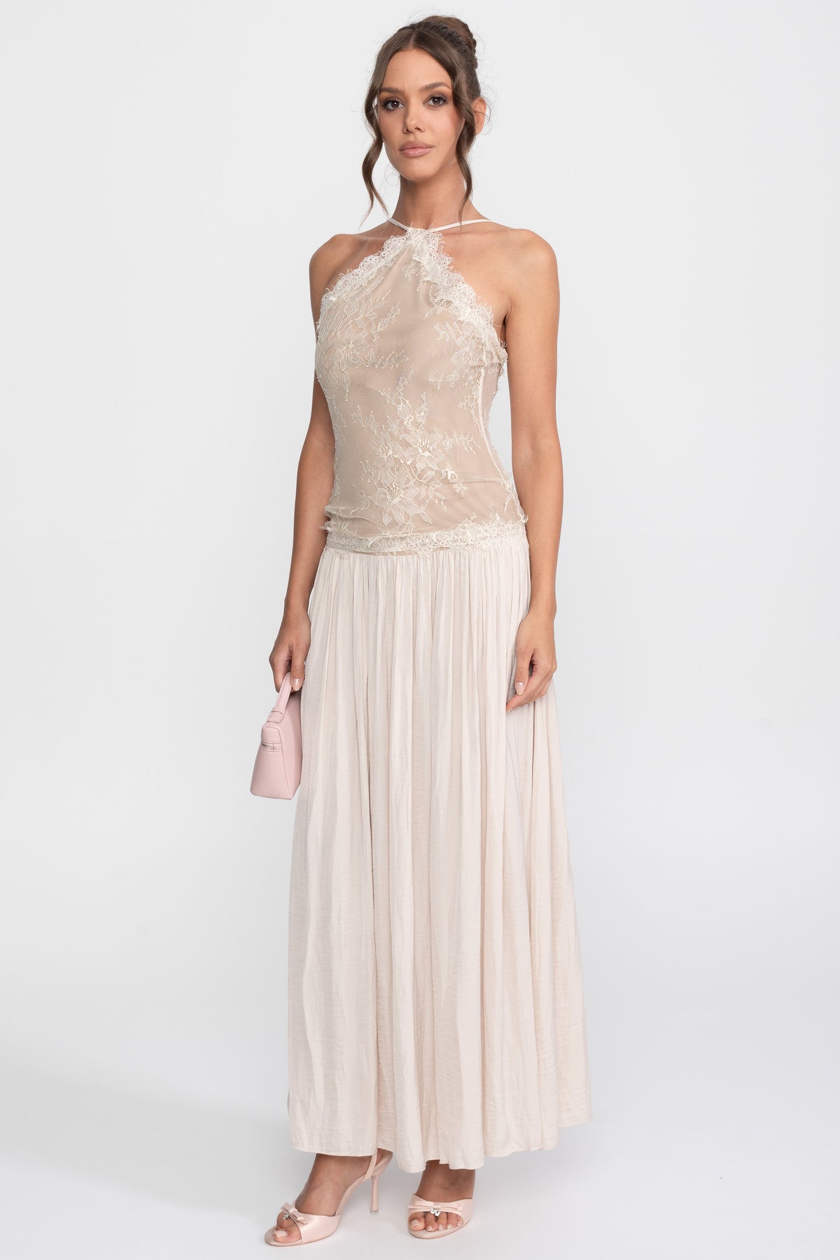 Lace Halter Sleeveless Maxi Dress with Pleated Skirt – Cream