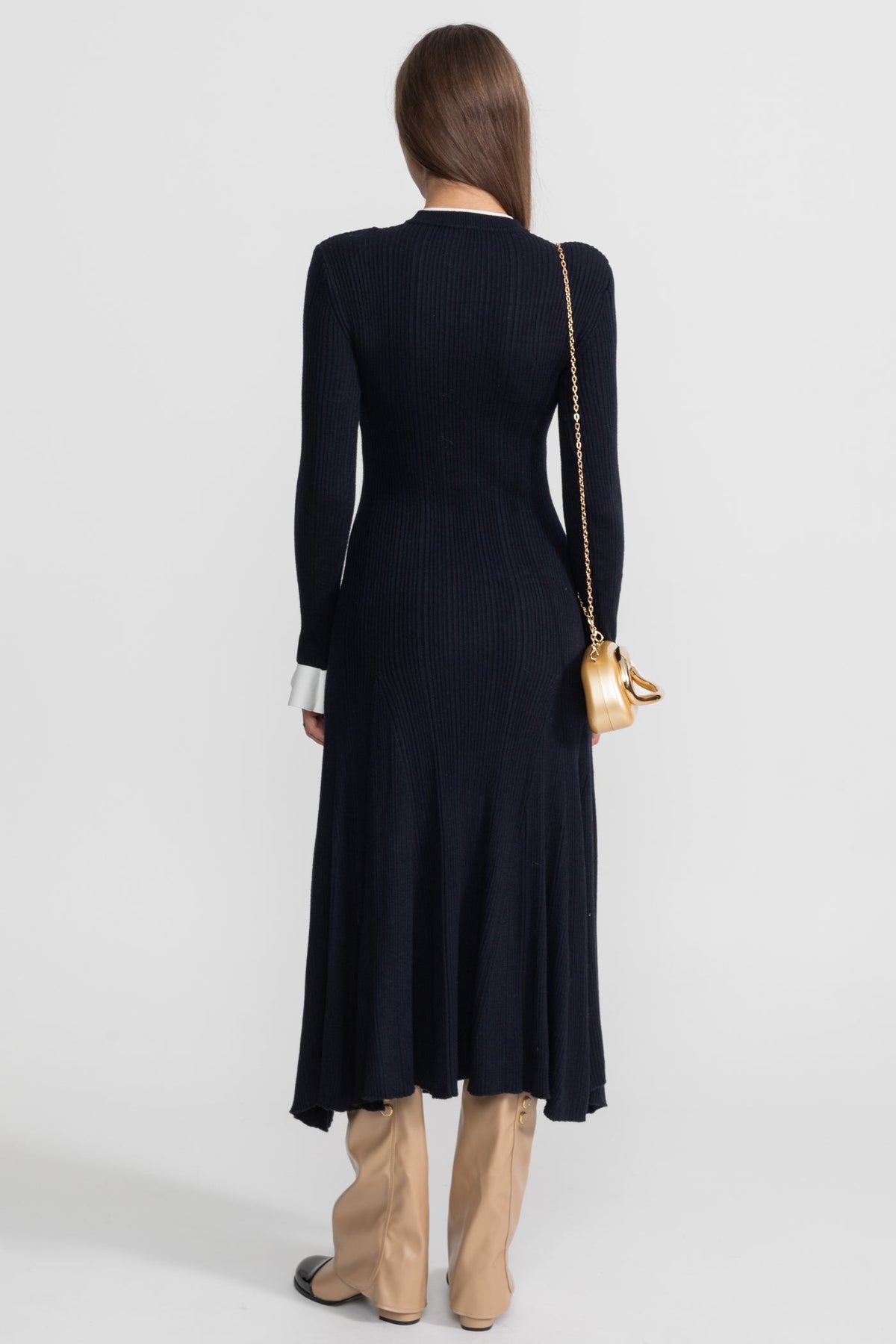 Long Sleeve Ribbed Knit Midi Dress with Gold Buttons and Belt – Dark Blue – view 4