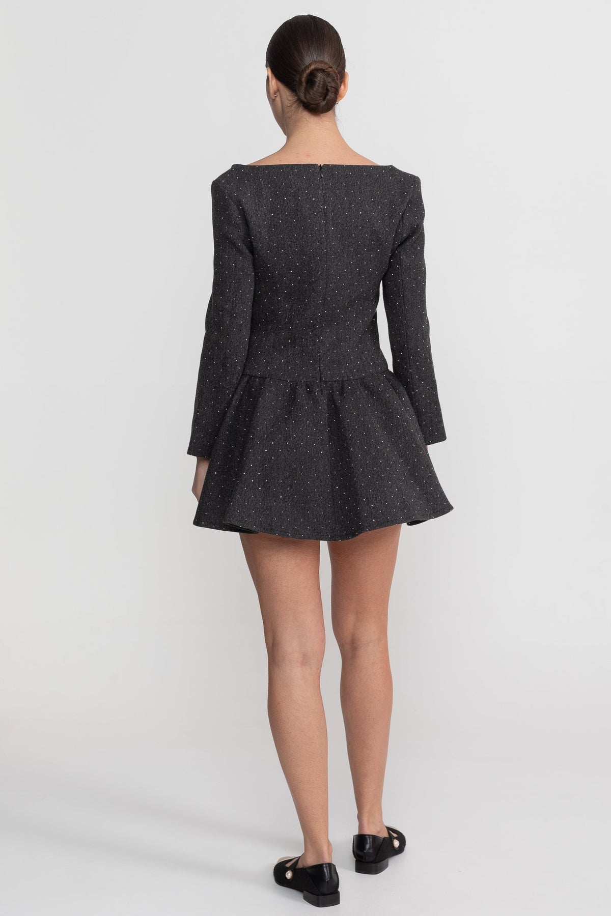 Long Sleeve Mini Dress with Stand Collar and Detachable Cape – Charcoal