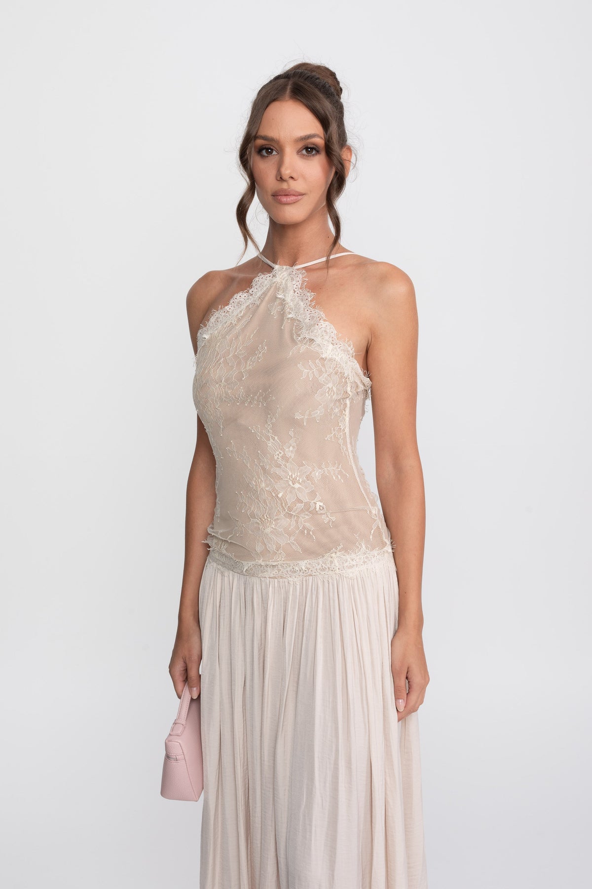 Lace Halter Sleeveless Maxi Dress with Pleated Skirt – Cream – view 6