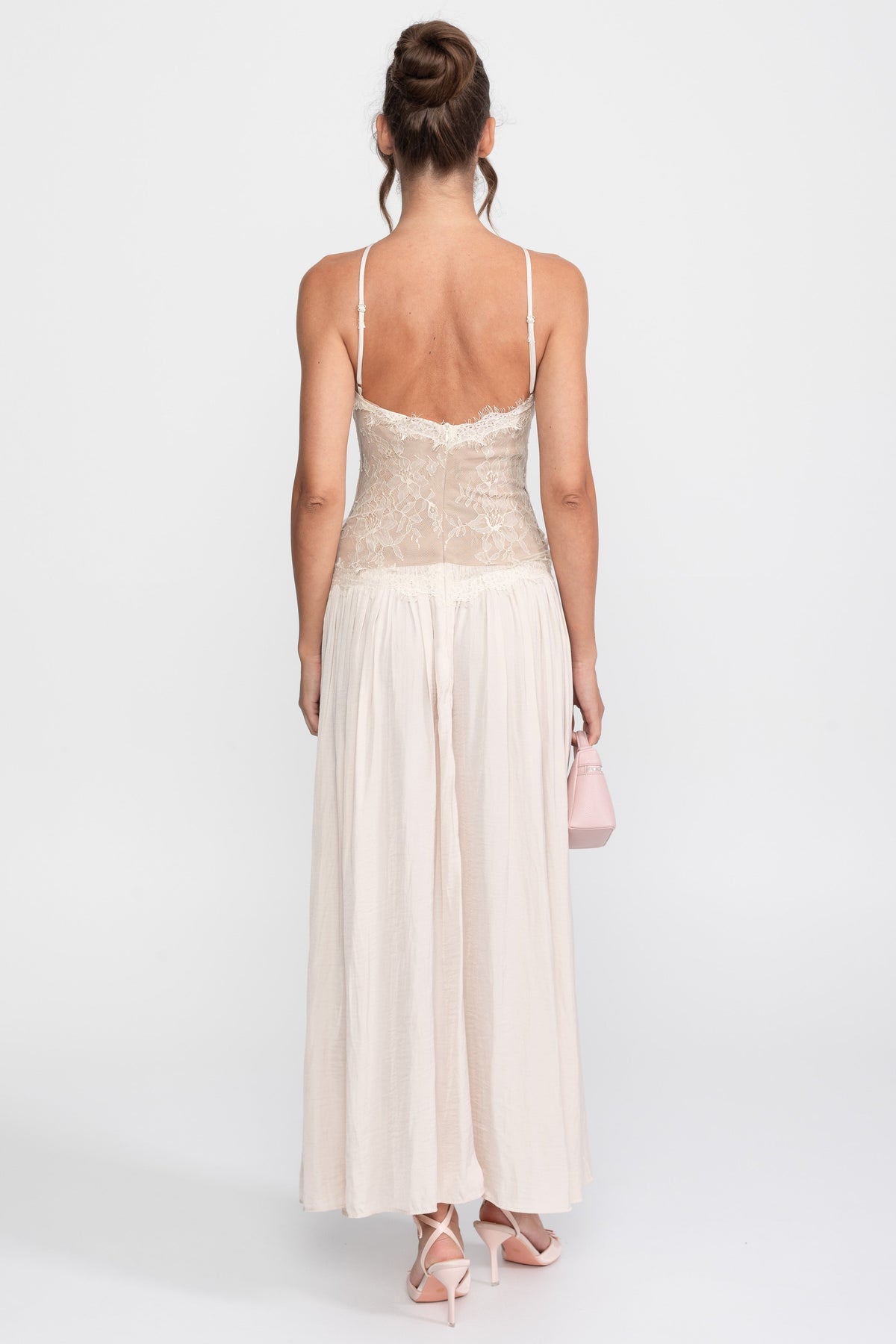 Lace Halter Sleeveless Maxi Dress with Pleated Skirt – Cream – view 10