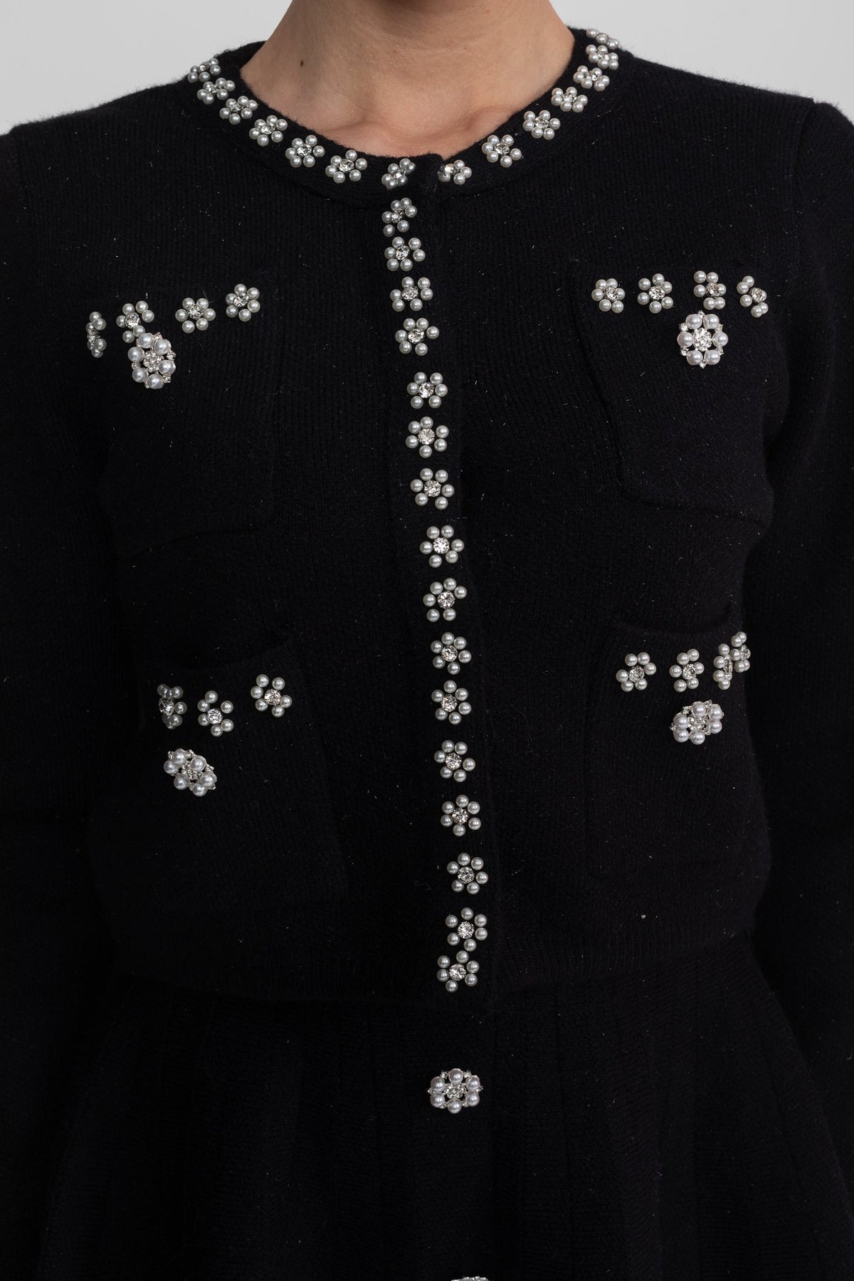 Crystal Embellished Knit Cardigan and Pleated Mini Skirt Set – Black – view 4