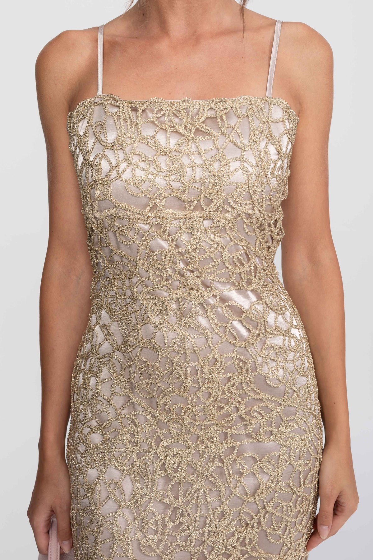 Metallic Crochet Lace Square Neck Sheath Midi Dress – Gold