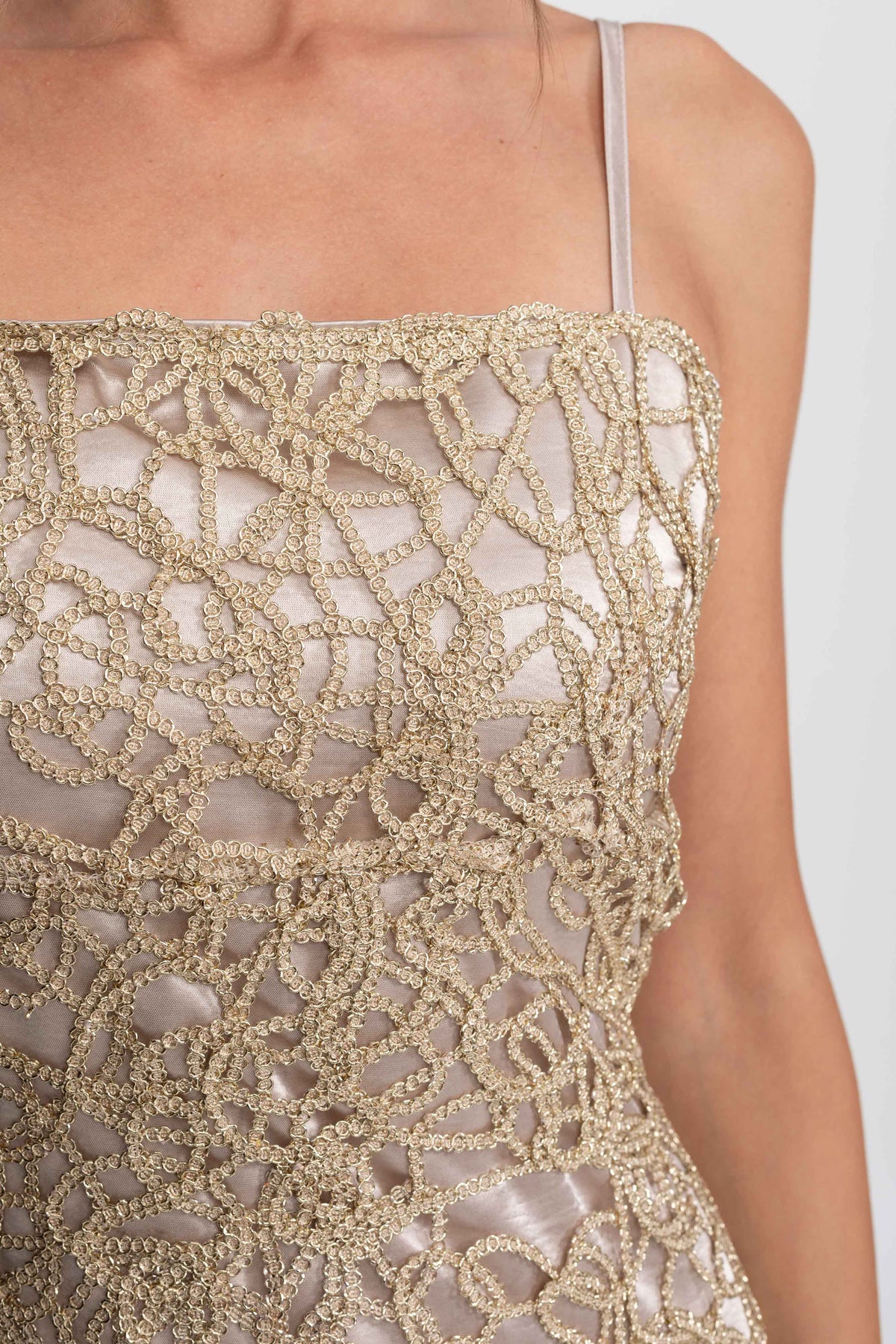 Metallic Crochet Lace Square Neck Sheath Midi Dress – Gold – view 8