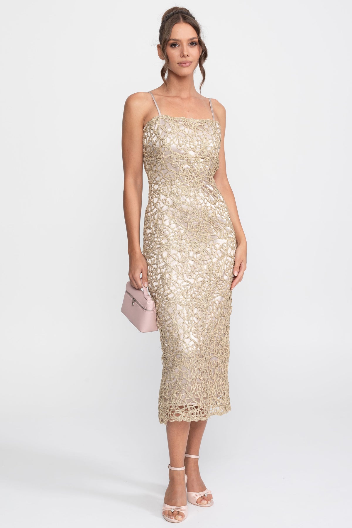 Metallic Crochet Lace Square Neck Sheath Midi Dress – Gold