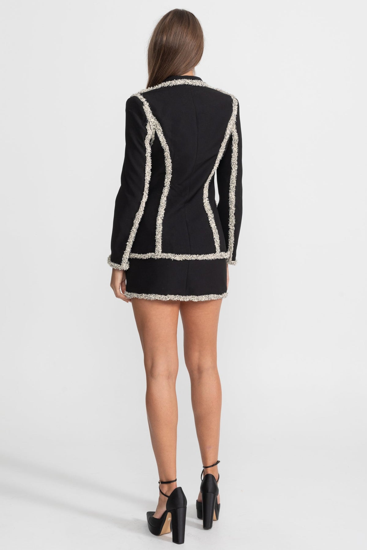 Sparkling Tweed Trim Peak Lapel Blazer and Mini Skirt Set – Black – view 6