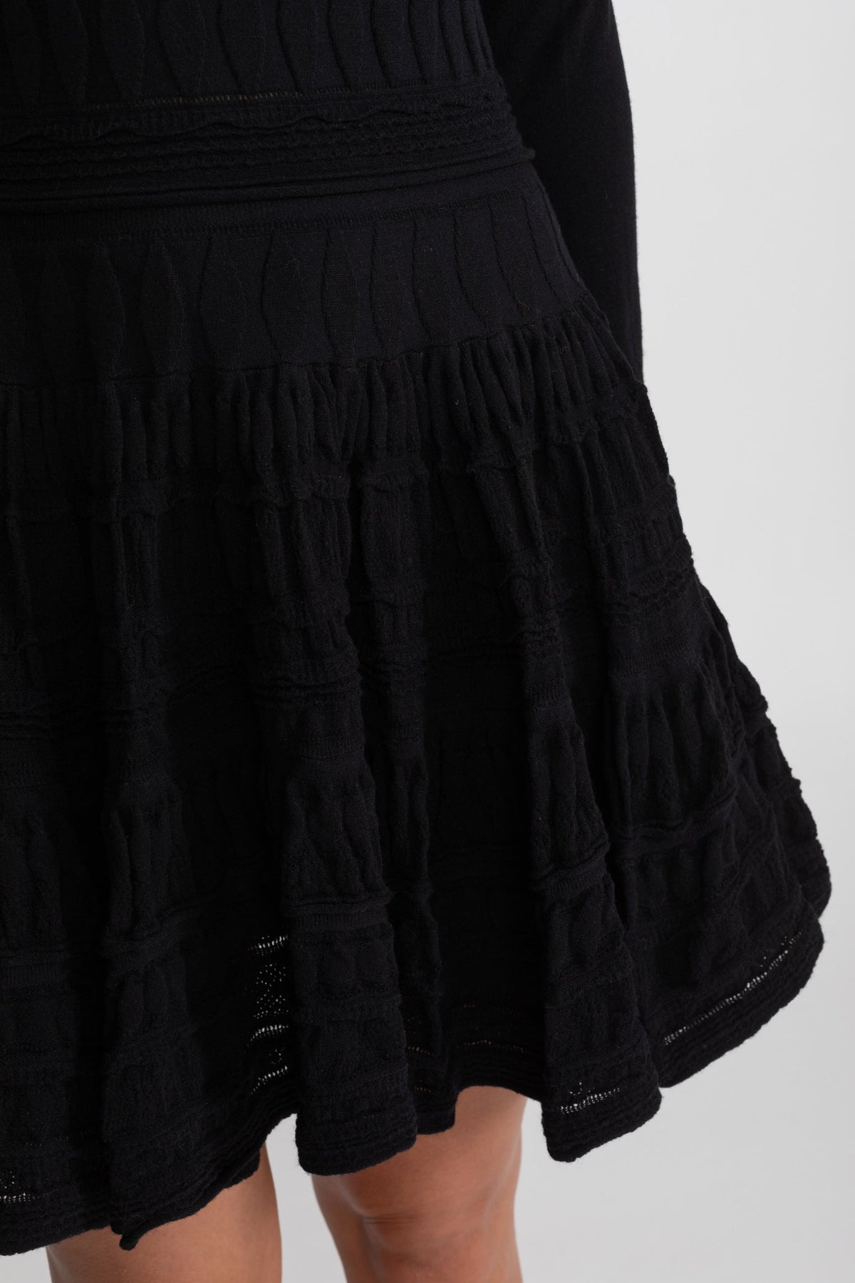 High Neck Long Sleeve Textured Knit Mini Dress with Flared Skirt – Black – view 6