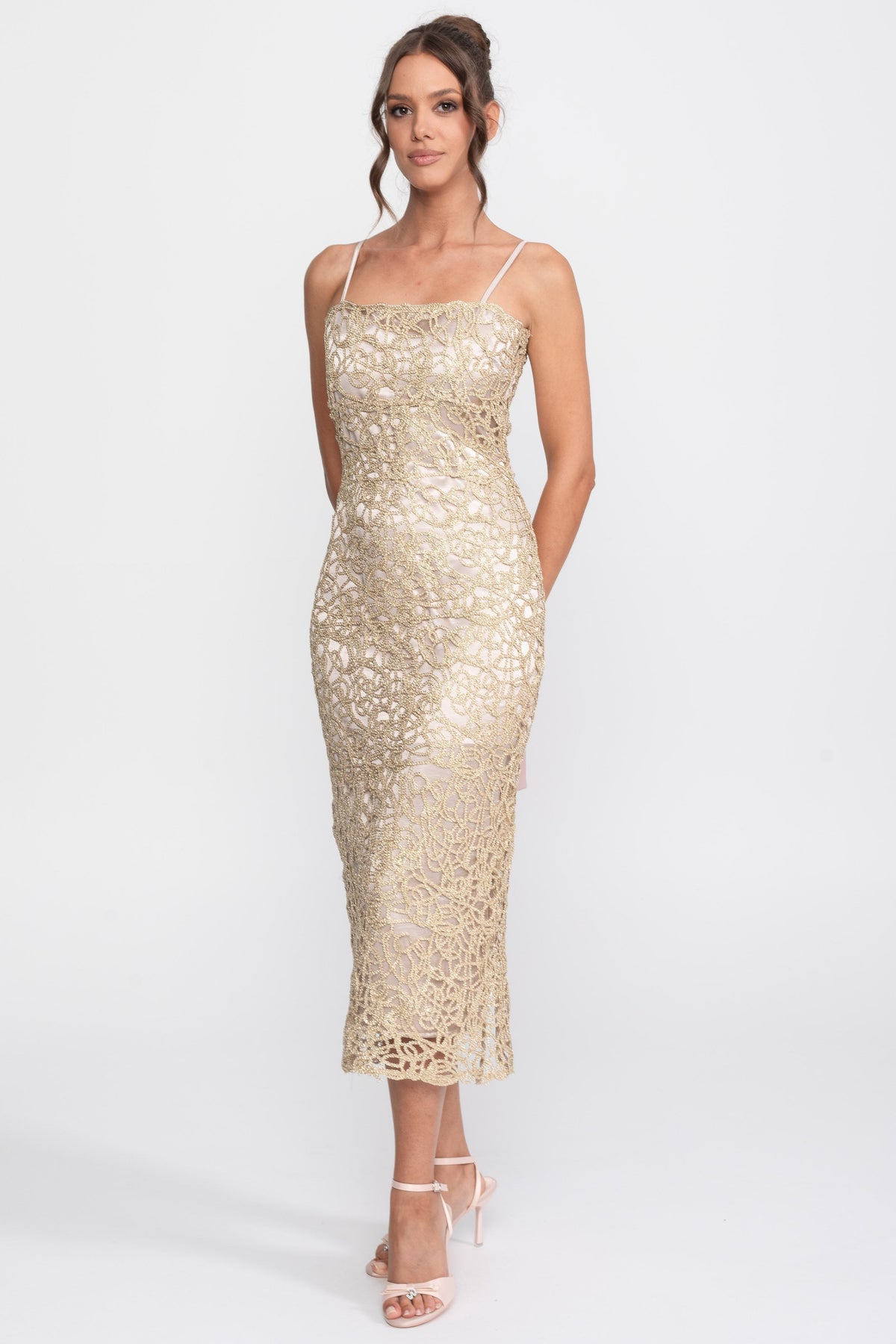 Metallic Crochet Lace Square Neck Sheath Midi Dress – Gold