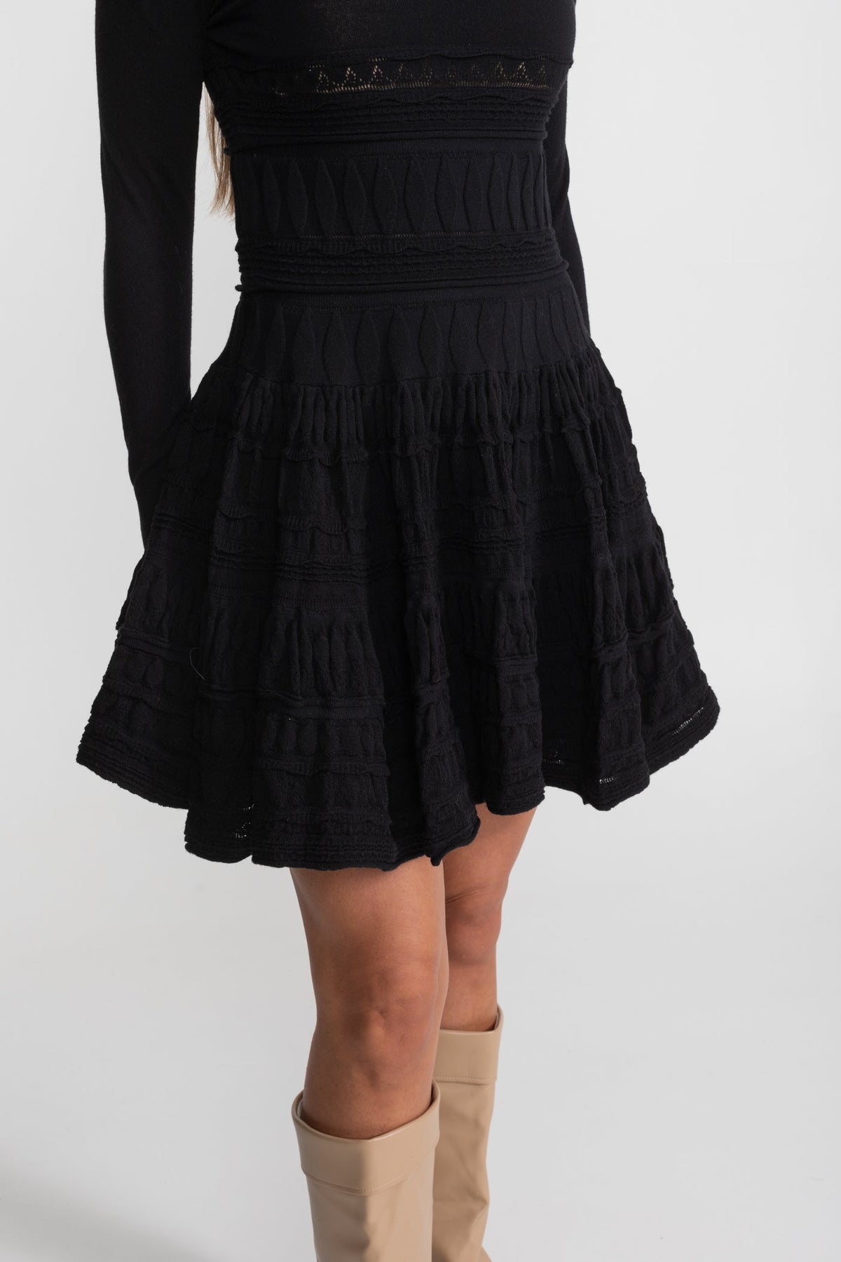 High Neck Long Sleeve Textured Knit Mini Dress with Flared Skirt – Black – view 5