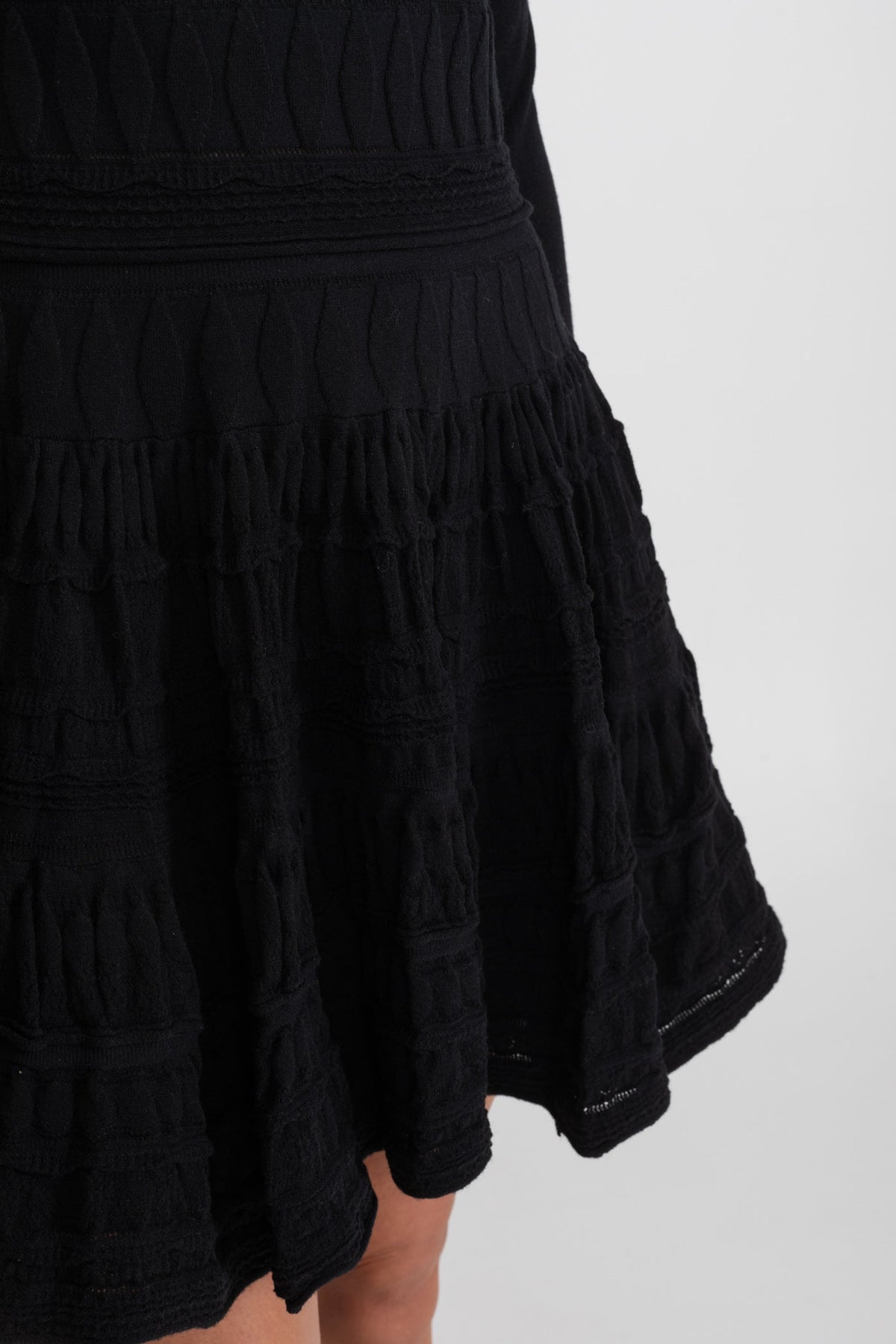High Neck Long Sleeve Textured Knit Mini Dress with Flared Skirt – Black – view 7