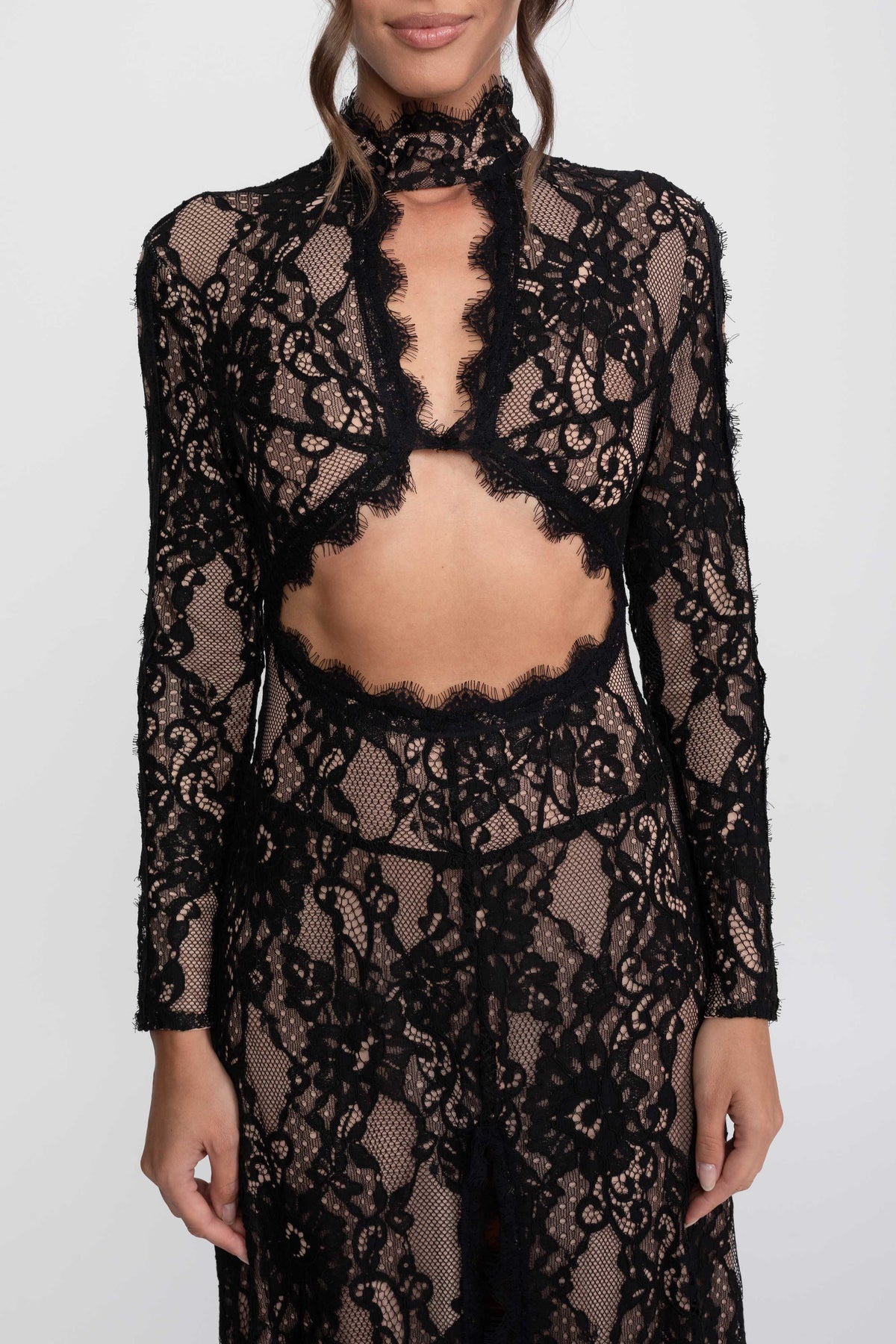 High Neck Long Sleeve Lace Gown with Cutouts and Front Slit – Black – view 8
