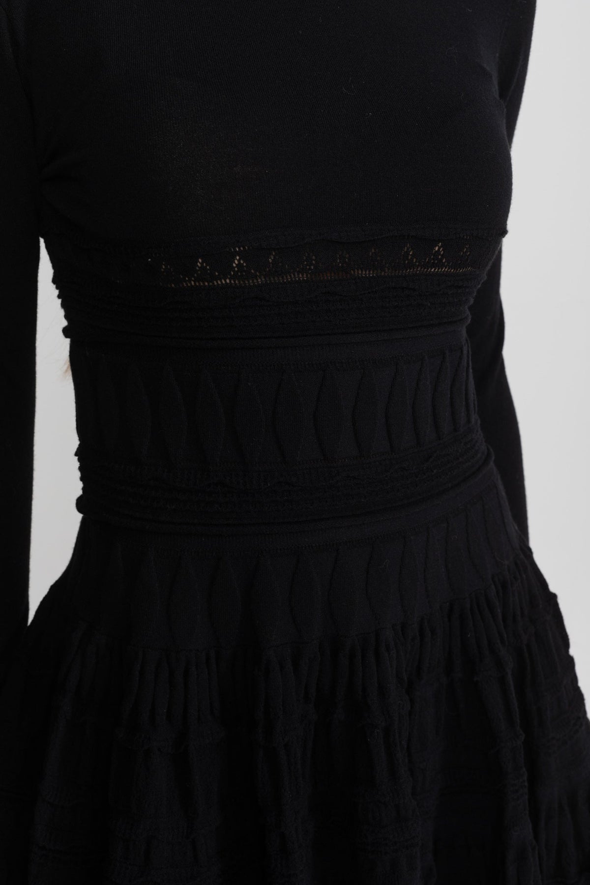 High Neck Long Sleeve Textured Knit Mini Dress with Flared Skirt – Black – view 8