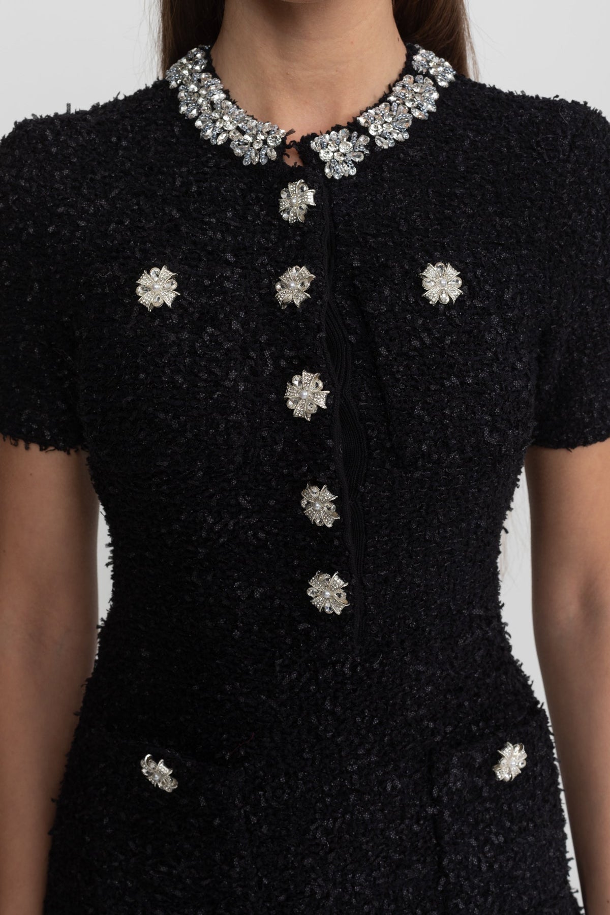 Tweed Short Sleeve Fitted Mini Dress with Crystal Buttons – Black