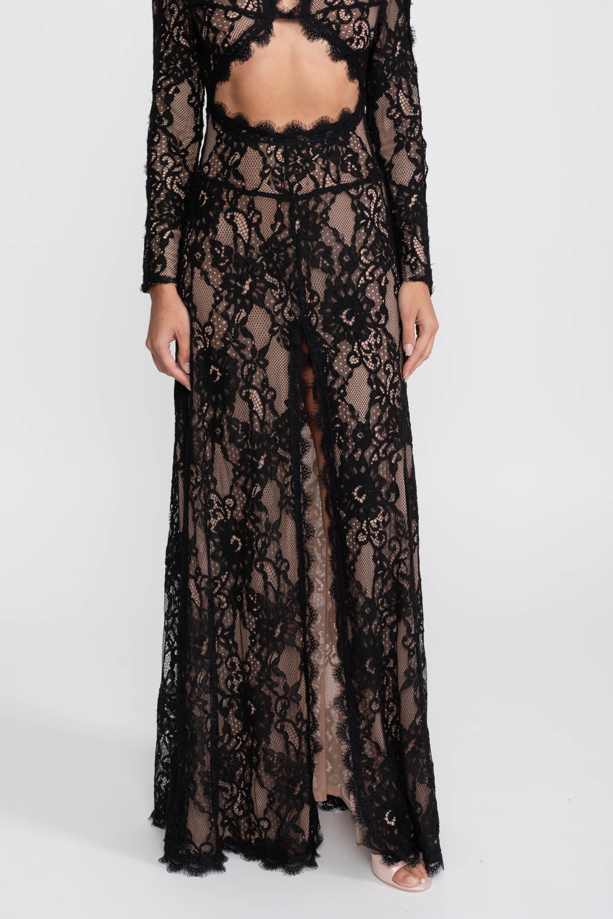 High Neck Long Sleeve Lace Gown with Cutouts and Front Slit – Black – view 11