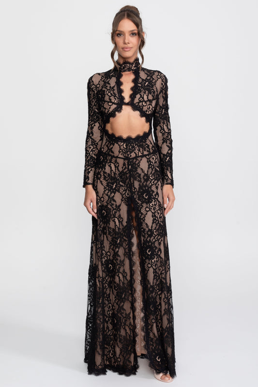 High Neck Long Sleeve Lace Gown with Cutouts and Front Slit – Black