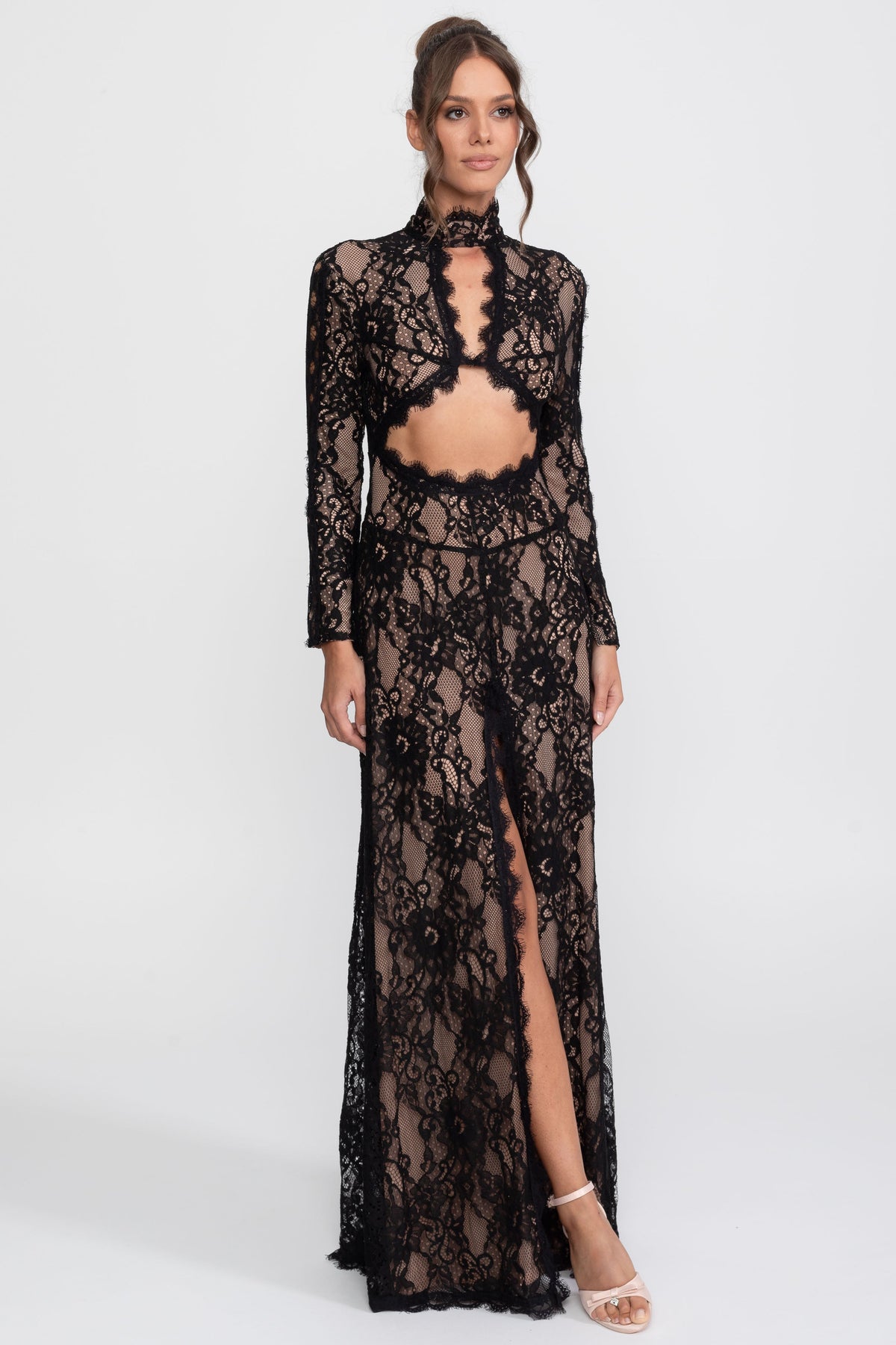 High Neck Long Sleeve Lace Gown with Cutouts and Front Slit – Black – view 3
