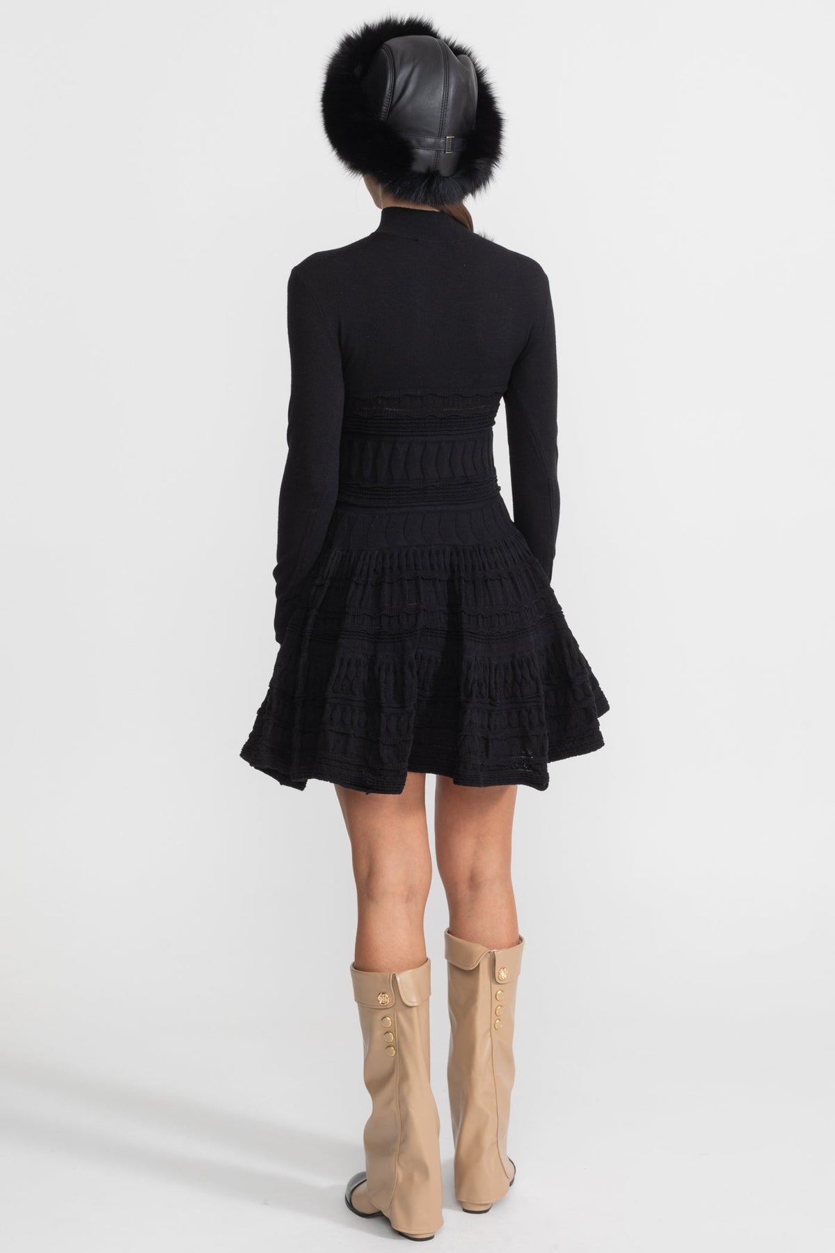 High Neck Long Sleeve Textured Knit Mini Dress with Flared Skirt – Black – view 4