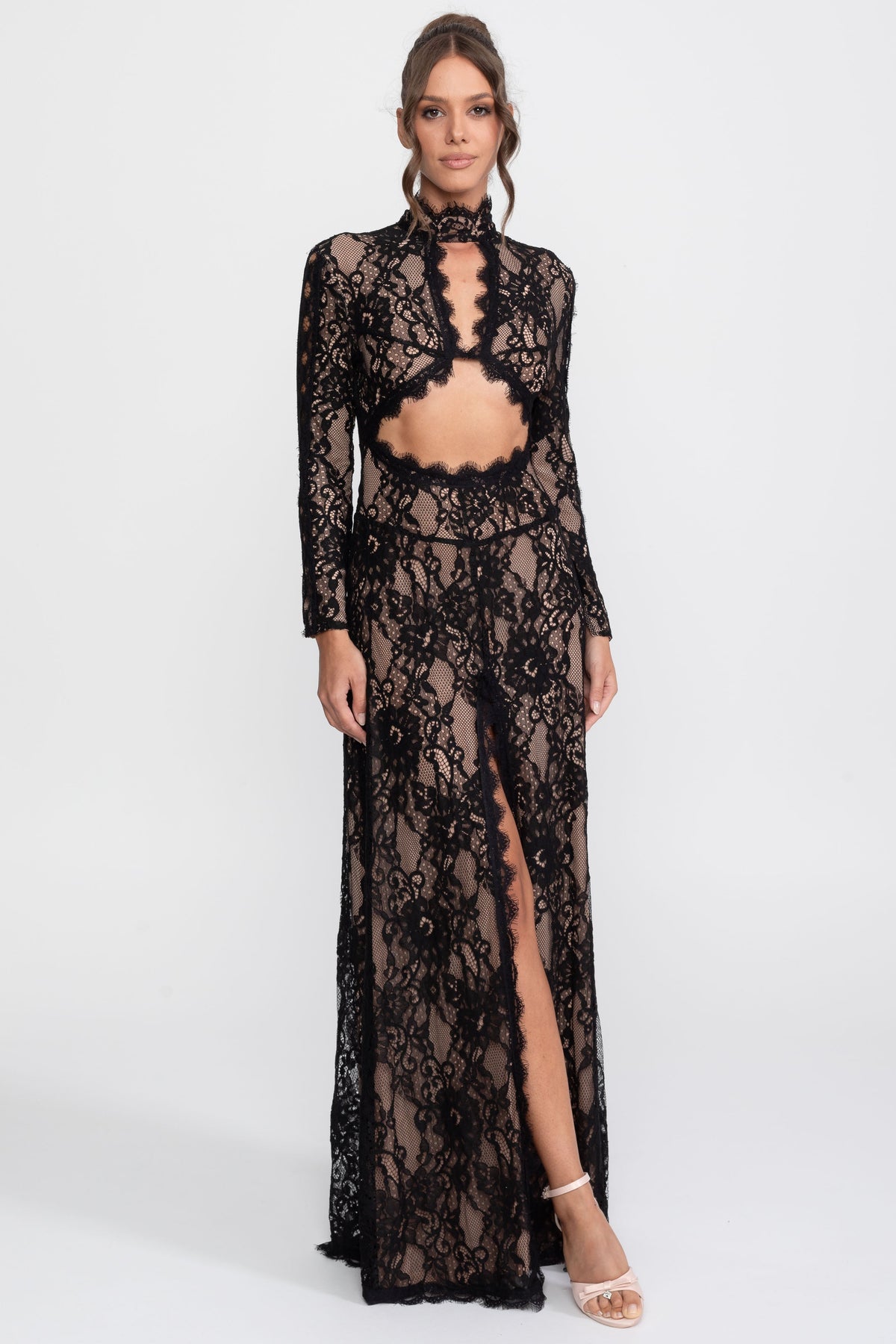 High Neck Long Sleeve Lace Gown with Cutouts and Front Slit – Black – view 4