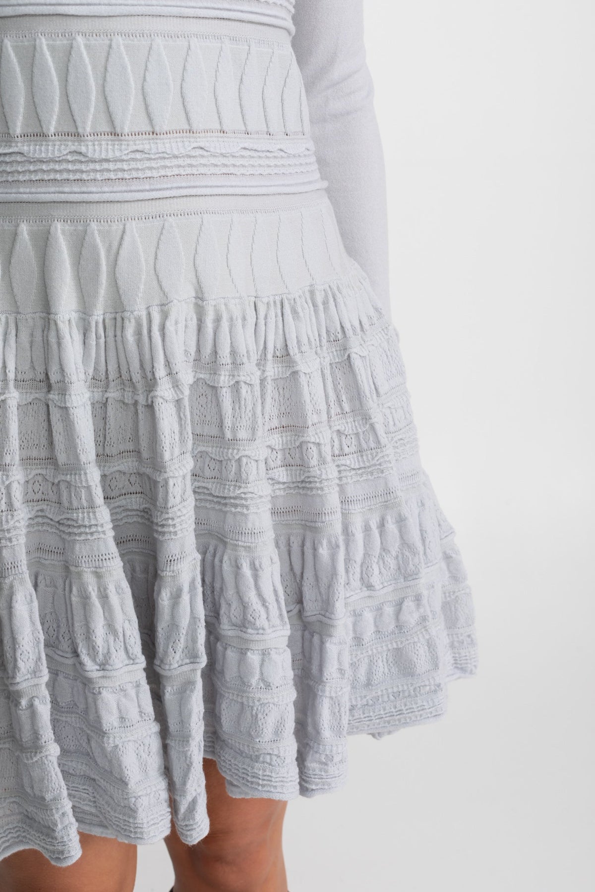 Textured Knit Mini Dress with Tiered Flared Skirt – Light Grey – view 6