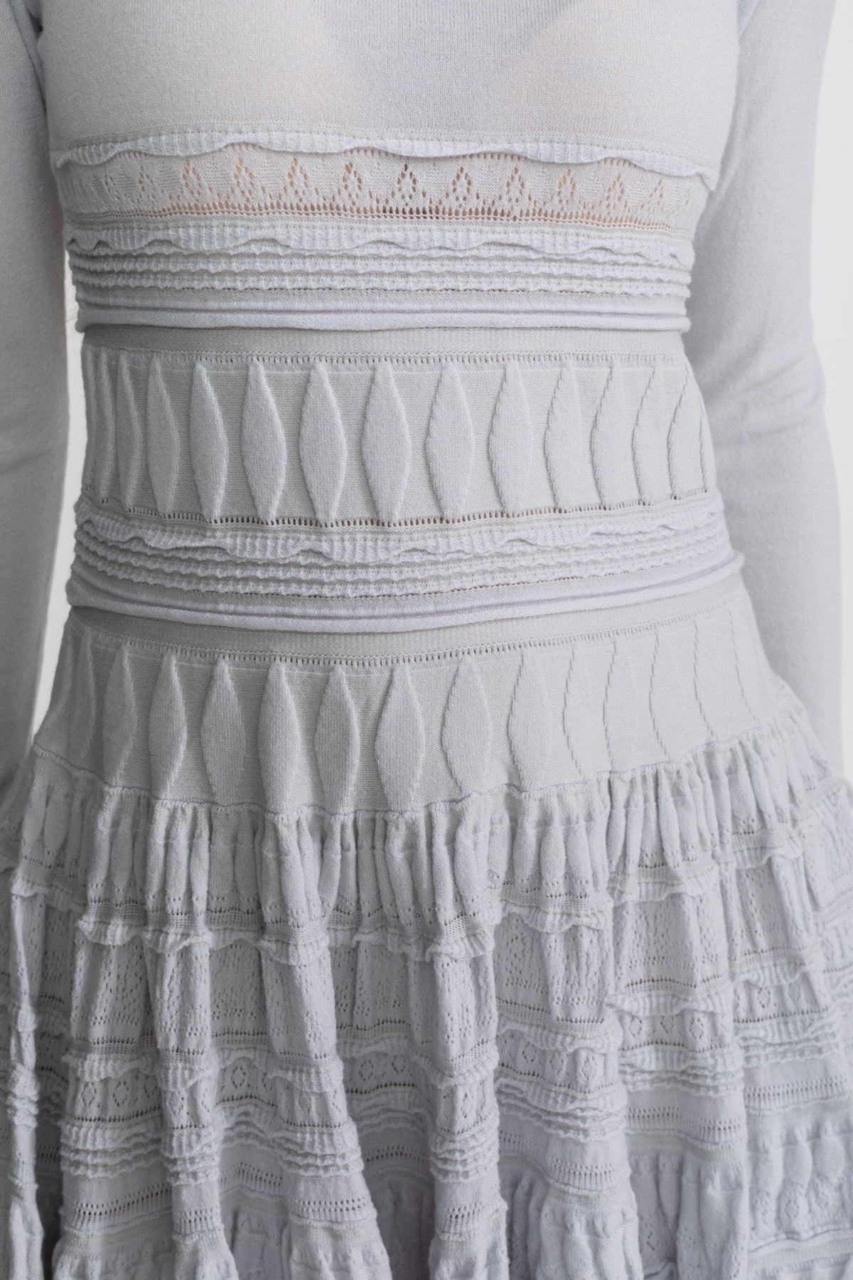 Textured Knit Mini Dress with Tiered Flared Skirt – Light Grey – view 7