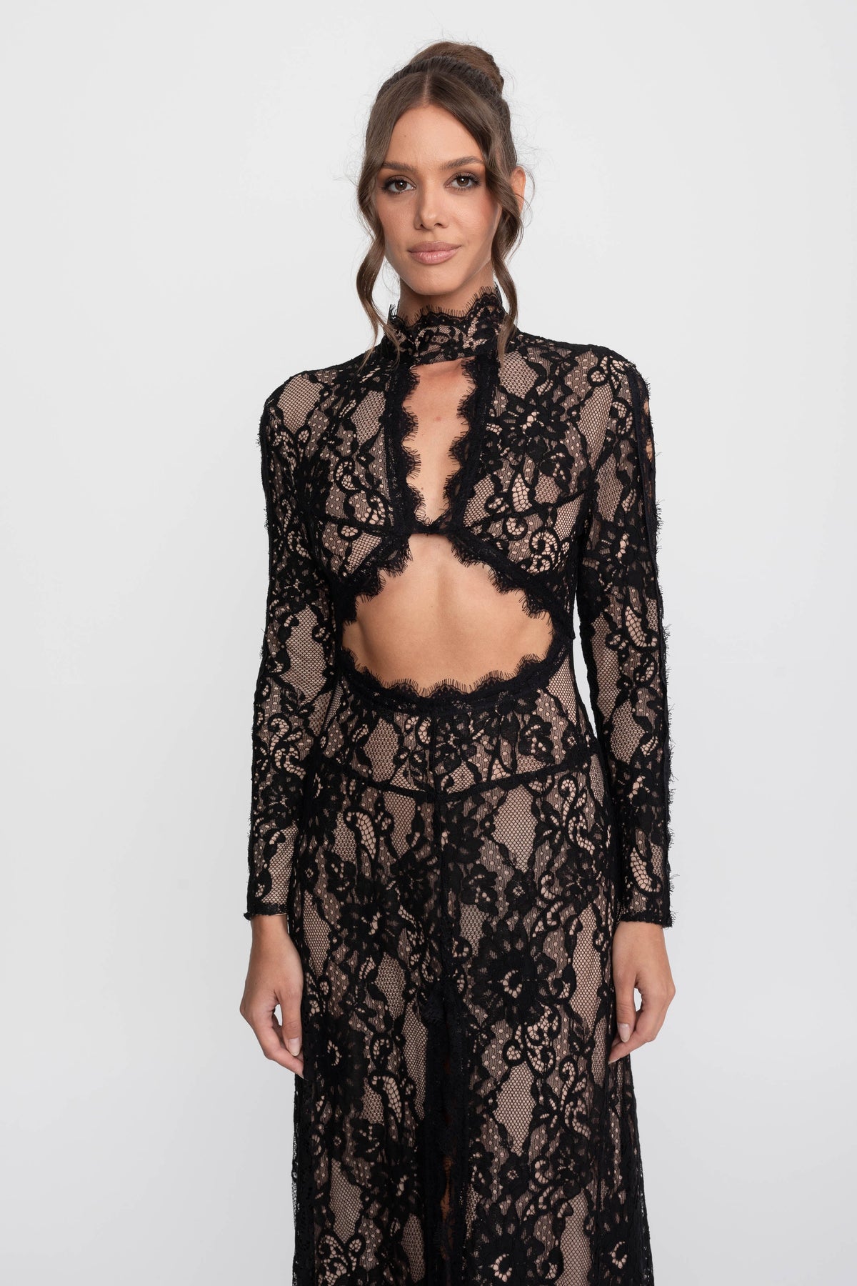 High Neck Long Sleeve Lace Gown with Cutouts and Front Slit – Black – view 7