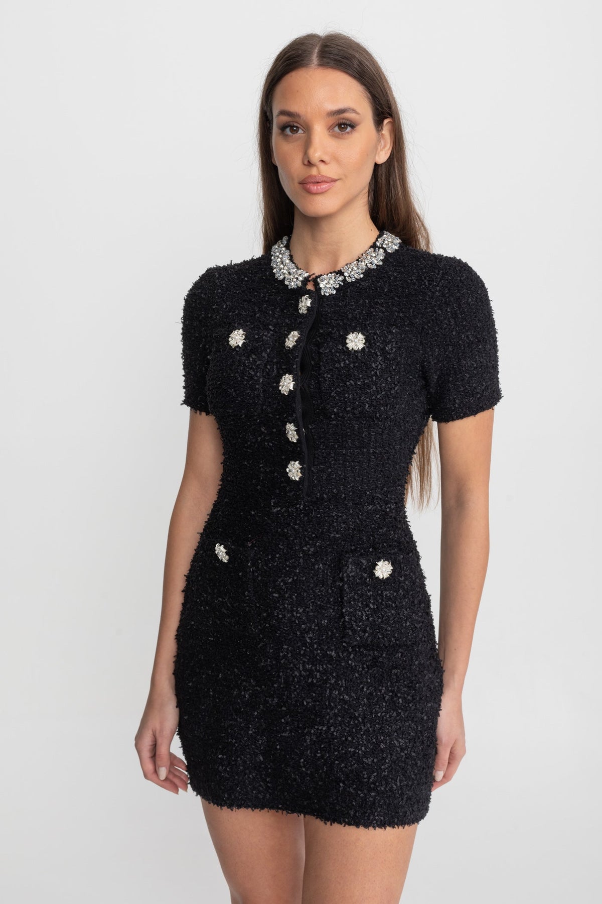 Tweed Short Sleeve Fitted Mini Dress with Crystal Buttons – Black