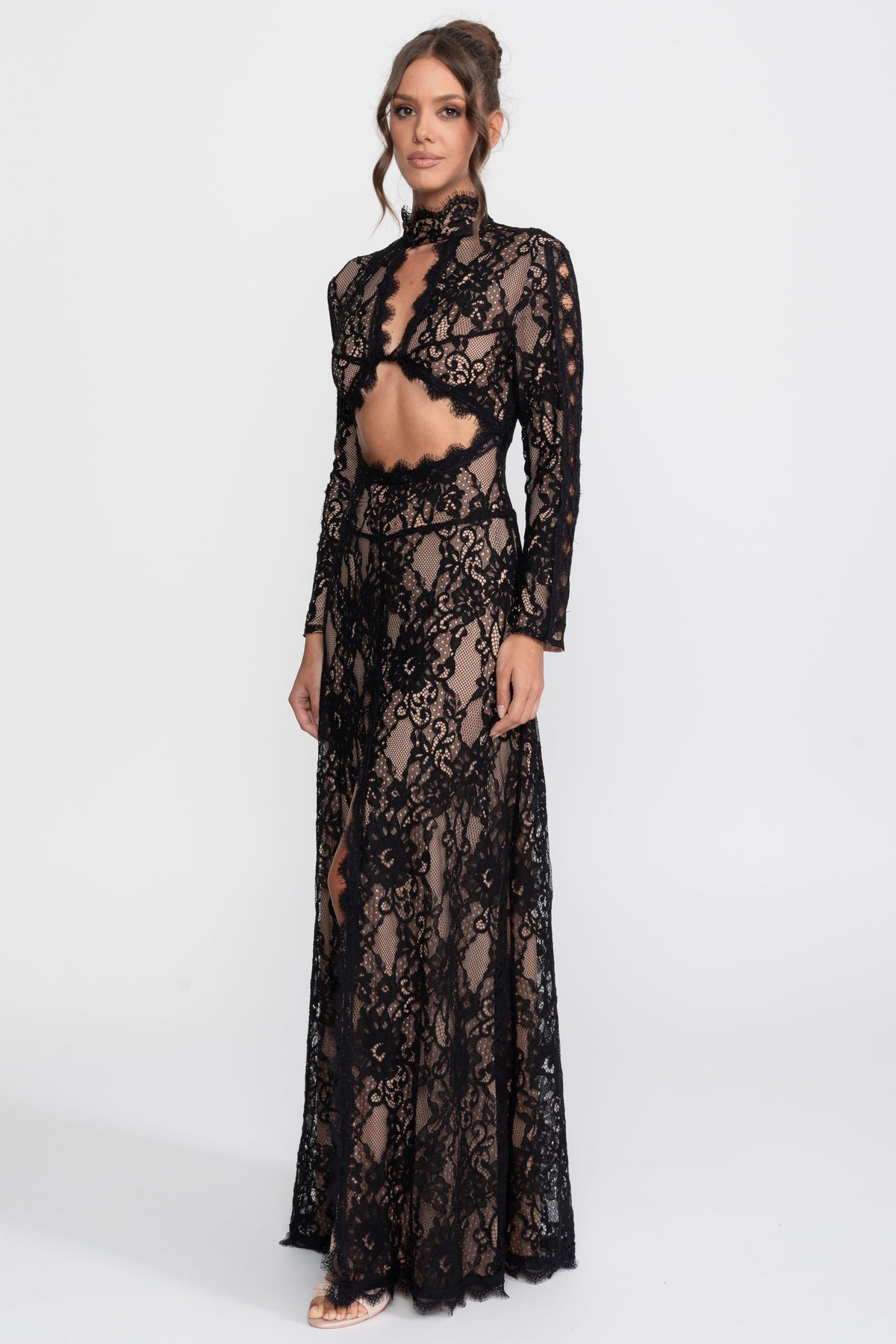 High Neck Long Sleeve Lace Gown with Cutouts and Front Slit – Black – view 5