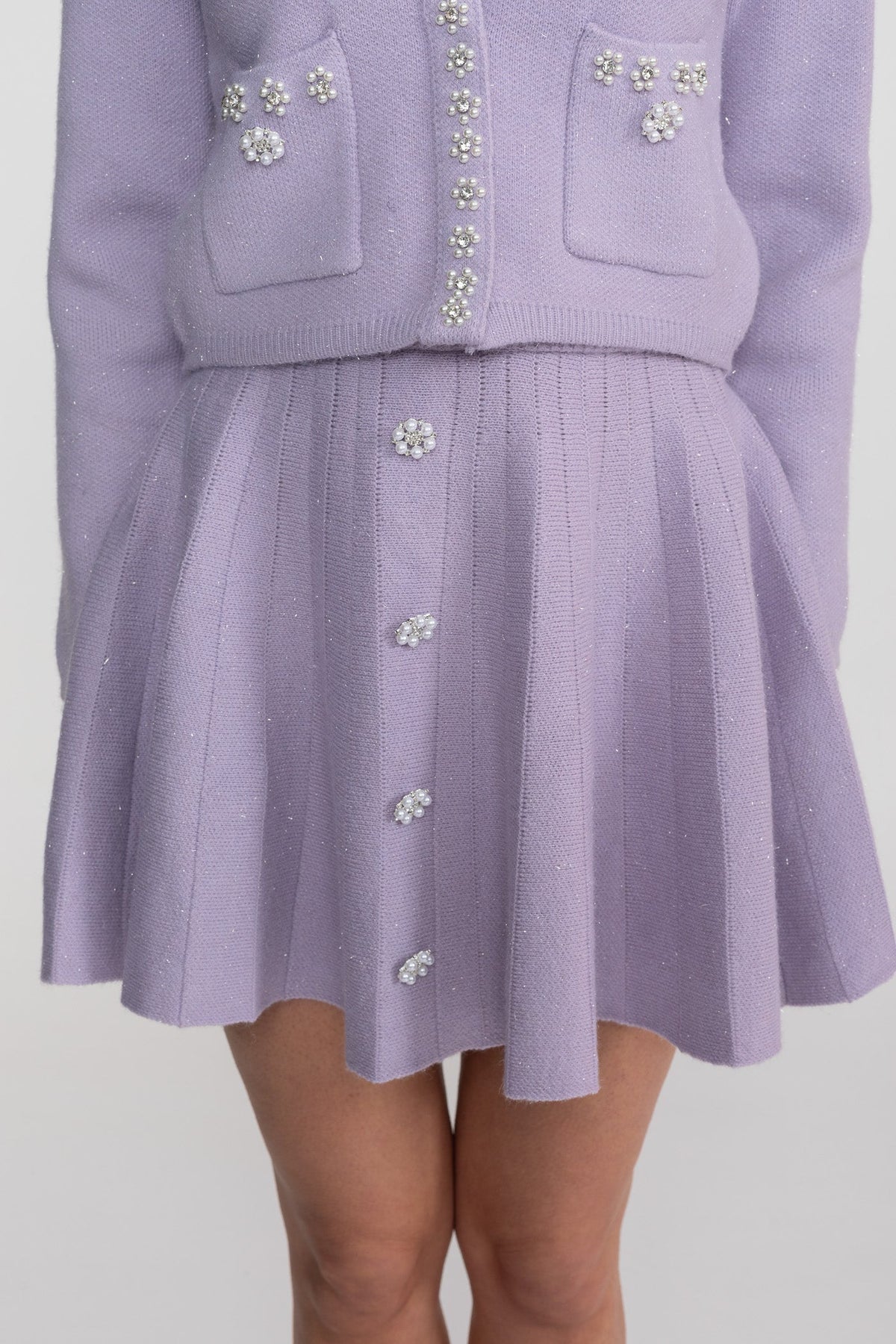 Crystal Embellished Knit Cardigan and Pleated Mini Skirt Set – Lilac – view 5