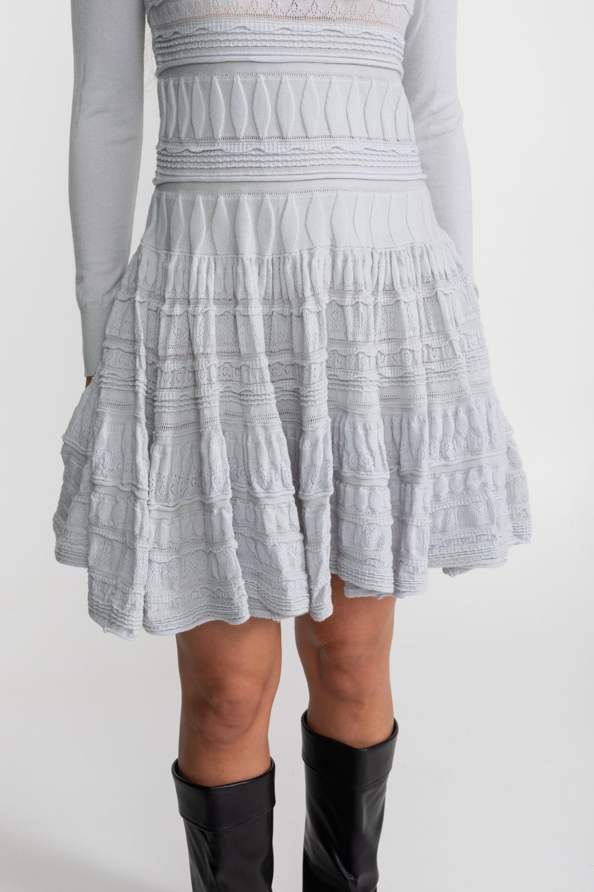 Textured Knit Mini Dress with Tiered Flared Skirt – Light Grey – view 5