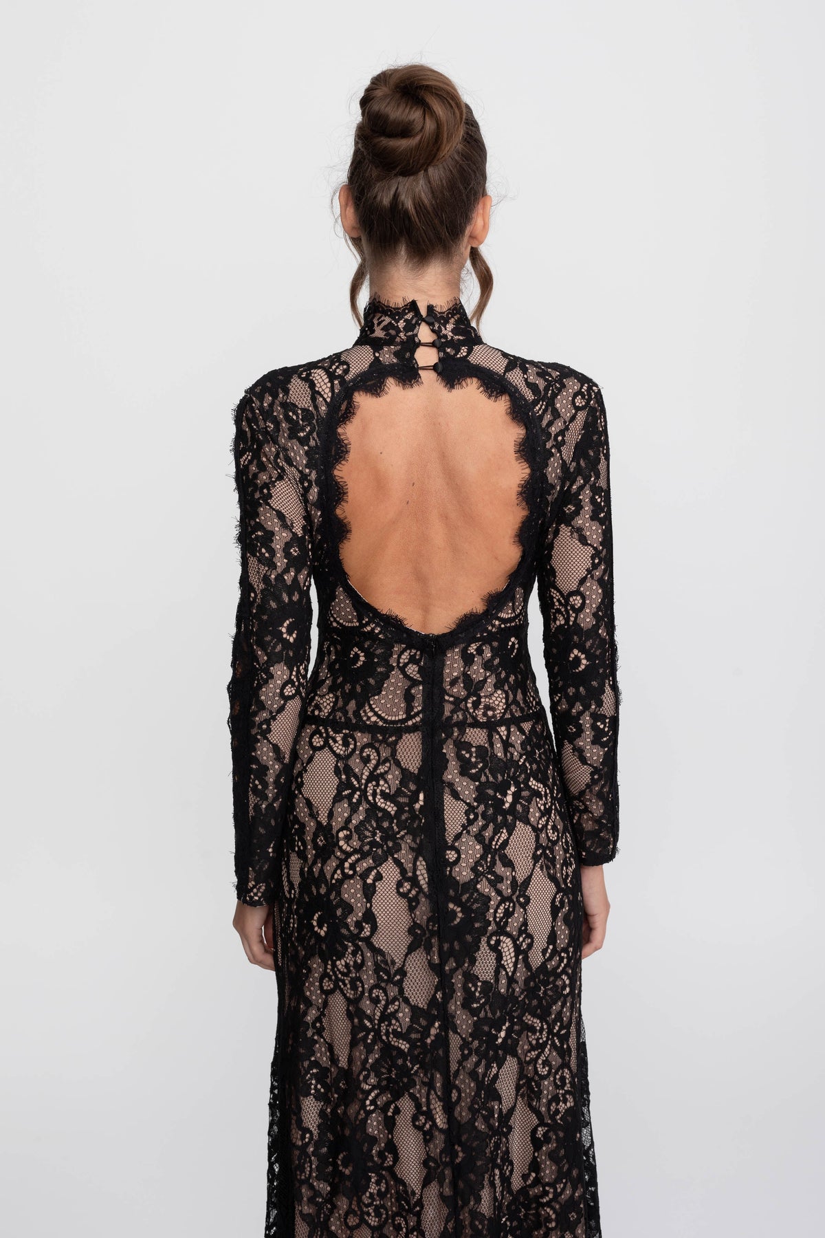 High Neck Long Sleeve Lace Gown with Cutouts and Front Slit – Black – view 13