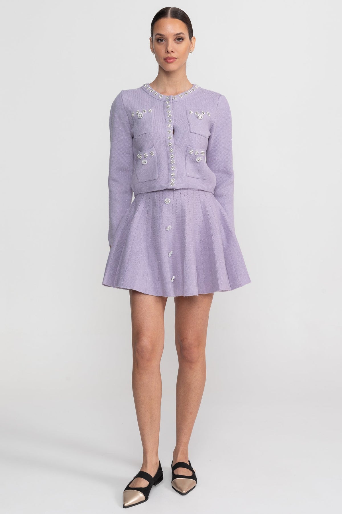 Crystal Embellished Knit Cardigan and Pleated Mini Skirt Set – Lilac – view 6