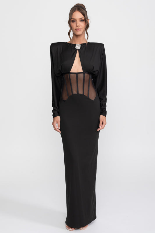 Long Sleeve High Neck Gown with Sheer Cutout Waist Panel – Black