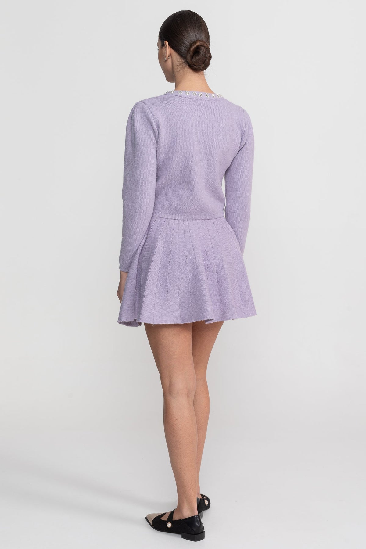 Crystal Embellished Knit Cardigan and Pleated Mini Skirt Set – Lilac – view 7