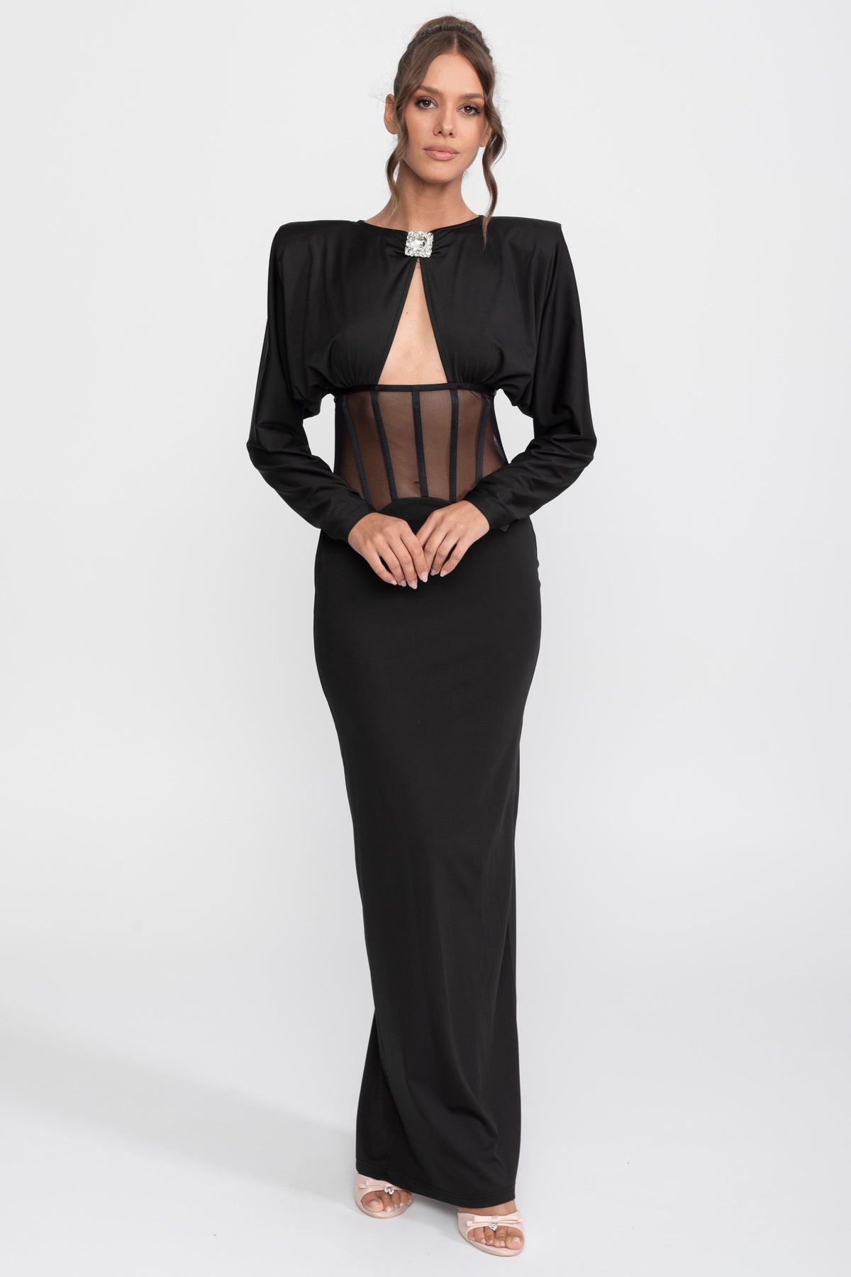 Long Sleeve High Neck Gown with Sheer Cutout Waist Panel – Black – view 4
