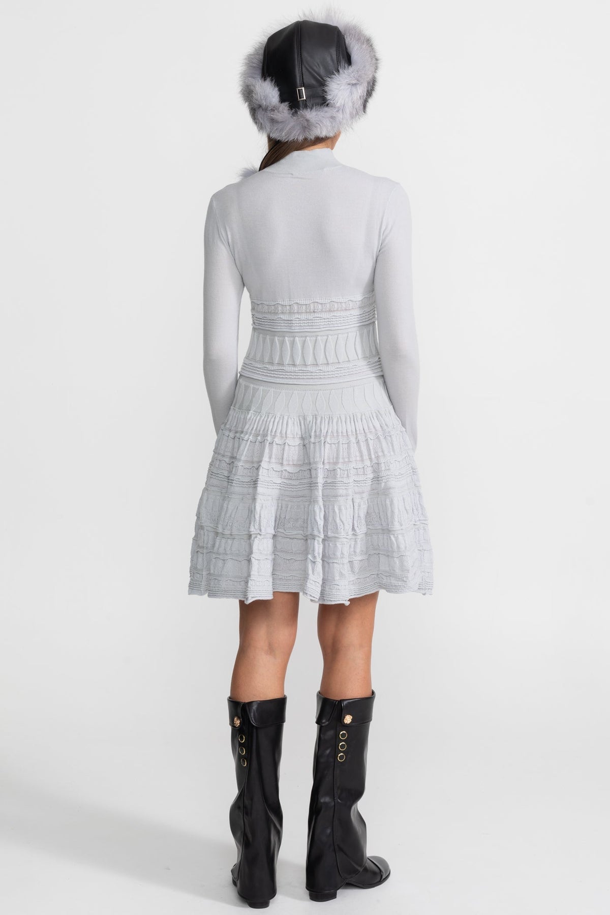 Textured Knit Mini Dress with Tiered Flared Skirt – Light Grey – view 4