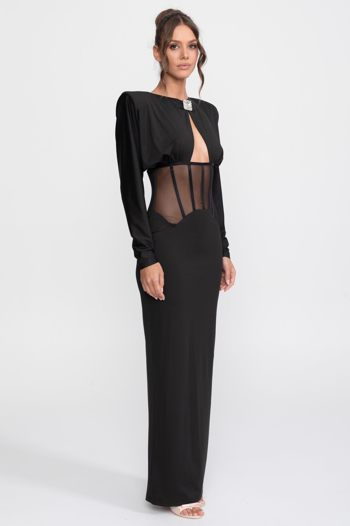 Long Sleeve High Neck Gown with Sheer Cutout Waist Panel – Black – view 2