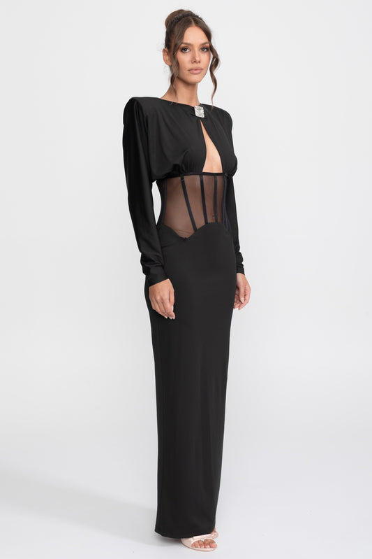 Long Sleeve High Neck Gown with Sheer Cutout Waist Panel – Black – view 2